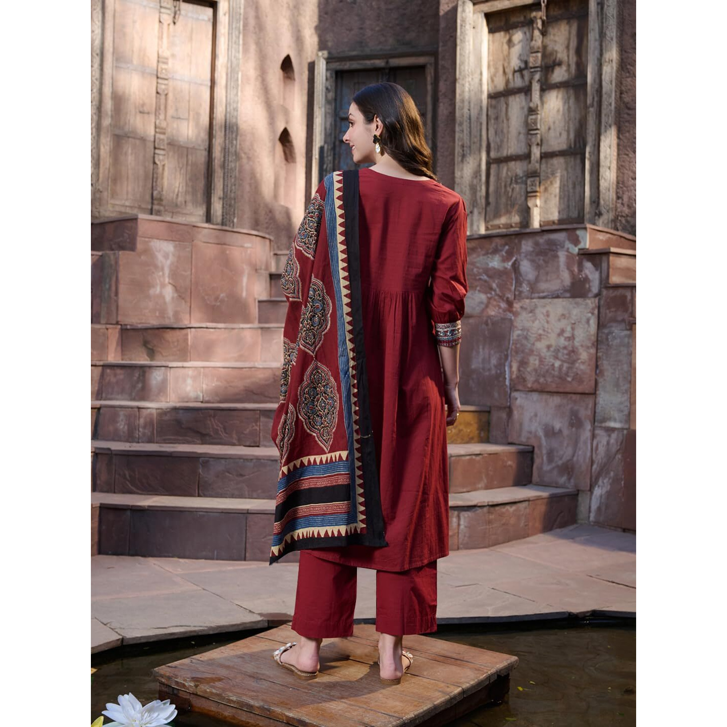 Stylum Women's Solid Cotton Kurta Pant Dupatta Set (Kpdmaroonsifar40_Maroon, L)