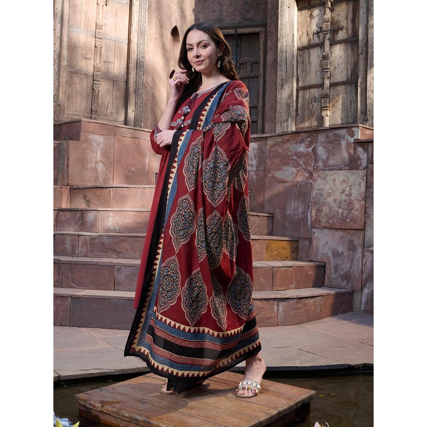 Stylum Women's Solid Cotton Kurta Pant Dupatta Set (Kpdmaroonsifar40_Maroon, L)