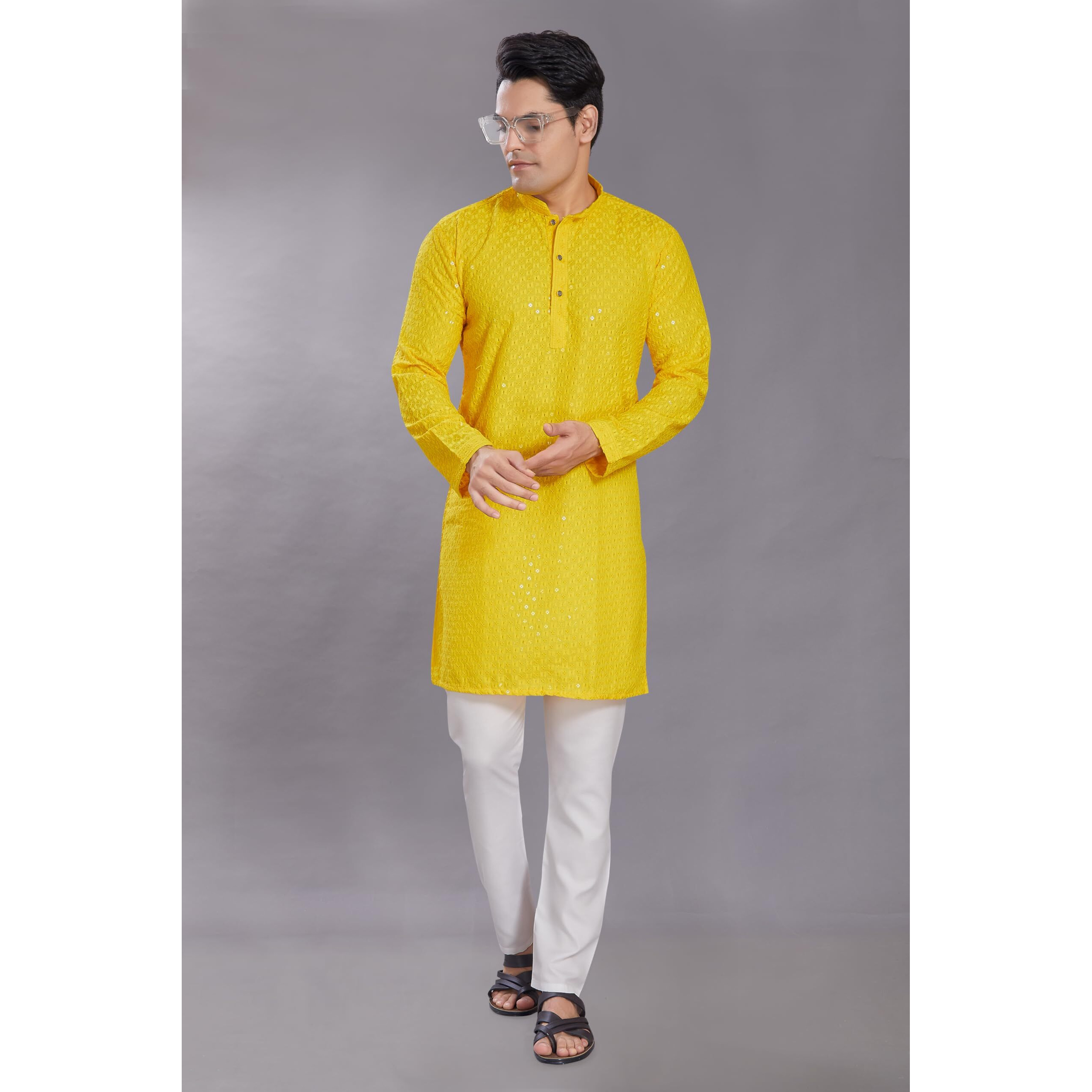 Divisive Men's Sequince Embroidered Cotton Blend Only Slim Fit Kurta (Dkrt551_M_Yellow)