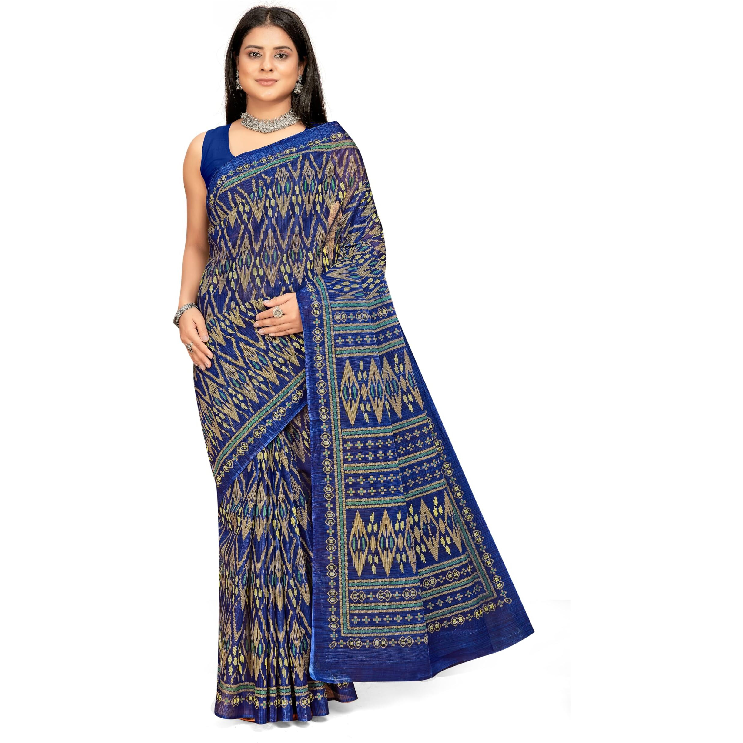 Tamaira Fashion Women's Handloom Ikkat Printed Pure Cotton Mulmul Saree Without Blouse Piece(11541_Indigo Blue)