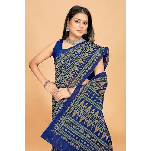 Tamaira Fashion Women's Handloom Ikkat Printed Pure Cotton Mulmul Saree Without Blouse Piece(11541_Indigo Blue)