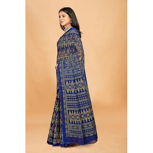 Tamaira Fashion Women's Handloom Ikkat Printed Pure Cotton Mulmul Saree Without Blouse Piece(11541_Indigo Blue)