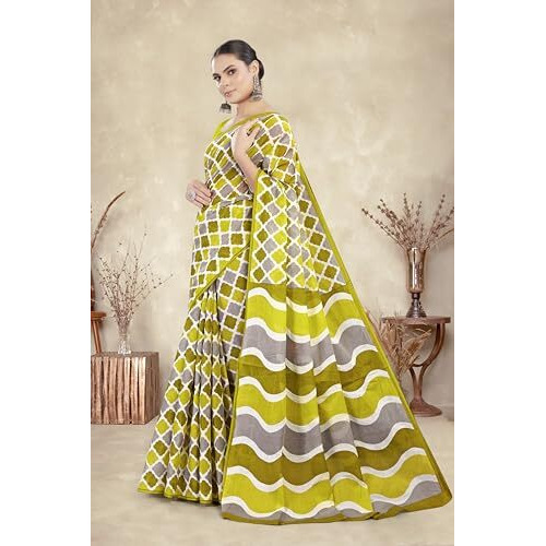 Tamaira Fashion Women's Printed Pure Cotton Mulmul Saree Without Blouse Piece(2487_Mehendi&Grey)