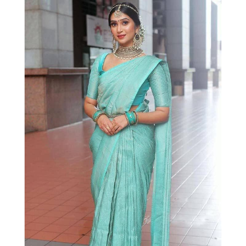 Flosive Women's Present Banarasi Soft Lichi Silk Saree Beautiful Jacquard Rich Pallu Design Work Zari Woven Kanjivaram Silk Style Saree With Soft Lichi Silk Blouse Piece Ayn Royal Sky.