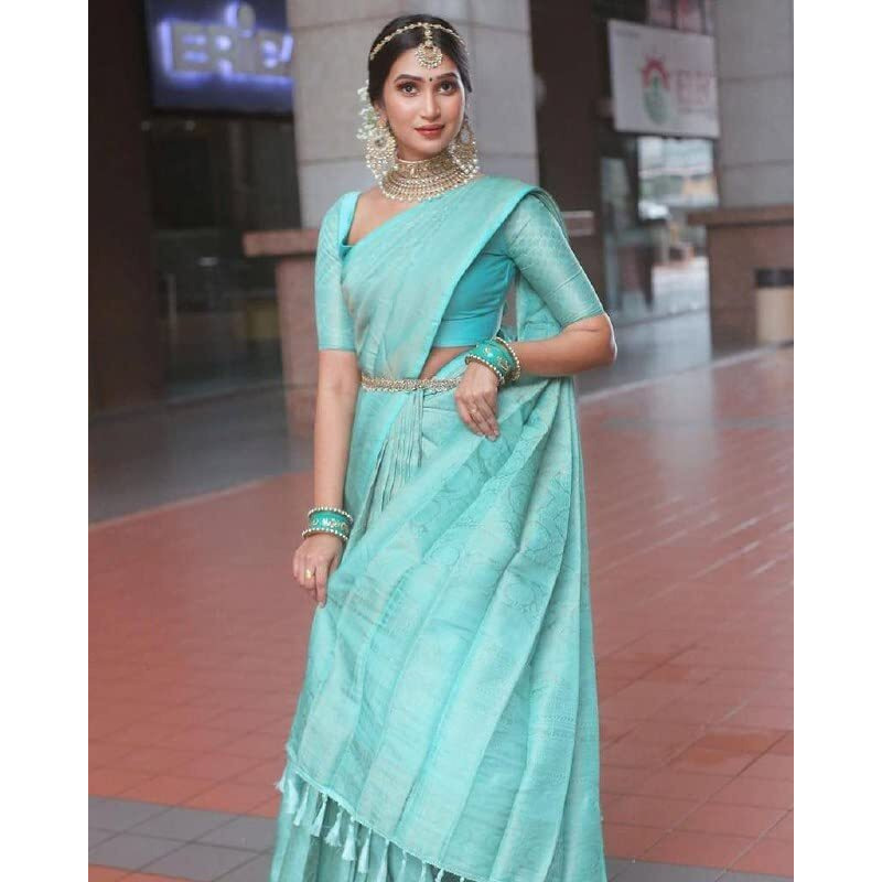 Flosive Women's Present Banarasi Soft Lichi Silk Saree Beautiful Jacquard Rich Pallu Design Work Zari Woven Kanjivaram Silk Style Saree With Soft Lichi Silk Blouse Piece Ayn Royal Sky.