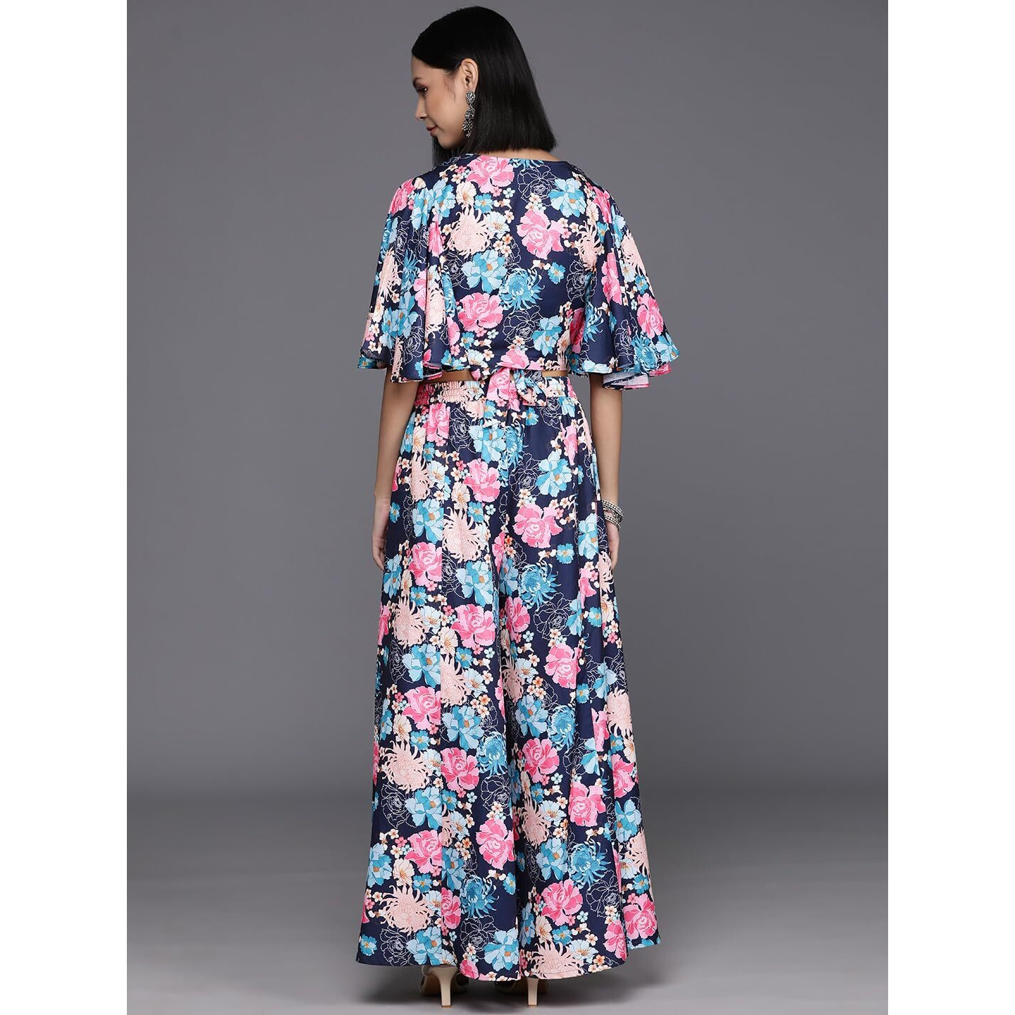 Varanga Women Blue Floral Printed, Flared Sleeves, Front Open With Tie Up Details Crop Top Paired With Flared Bottom