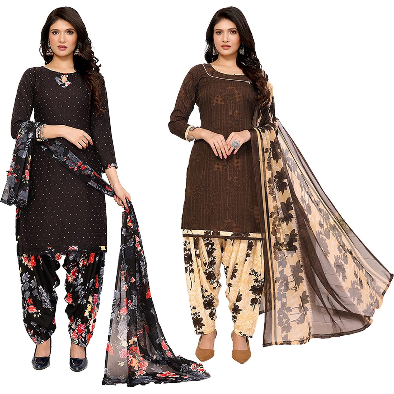Yashika Women's Crepe Dress Material Set For Women | Unstitched Printed Fabric For Kurta Bottom & Dupatta (Ys-Black Flower-Nitu Brown)