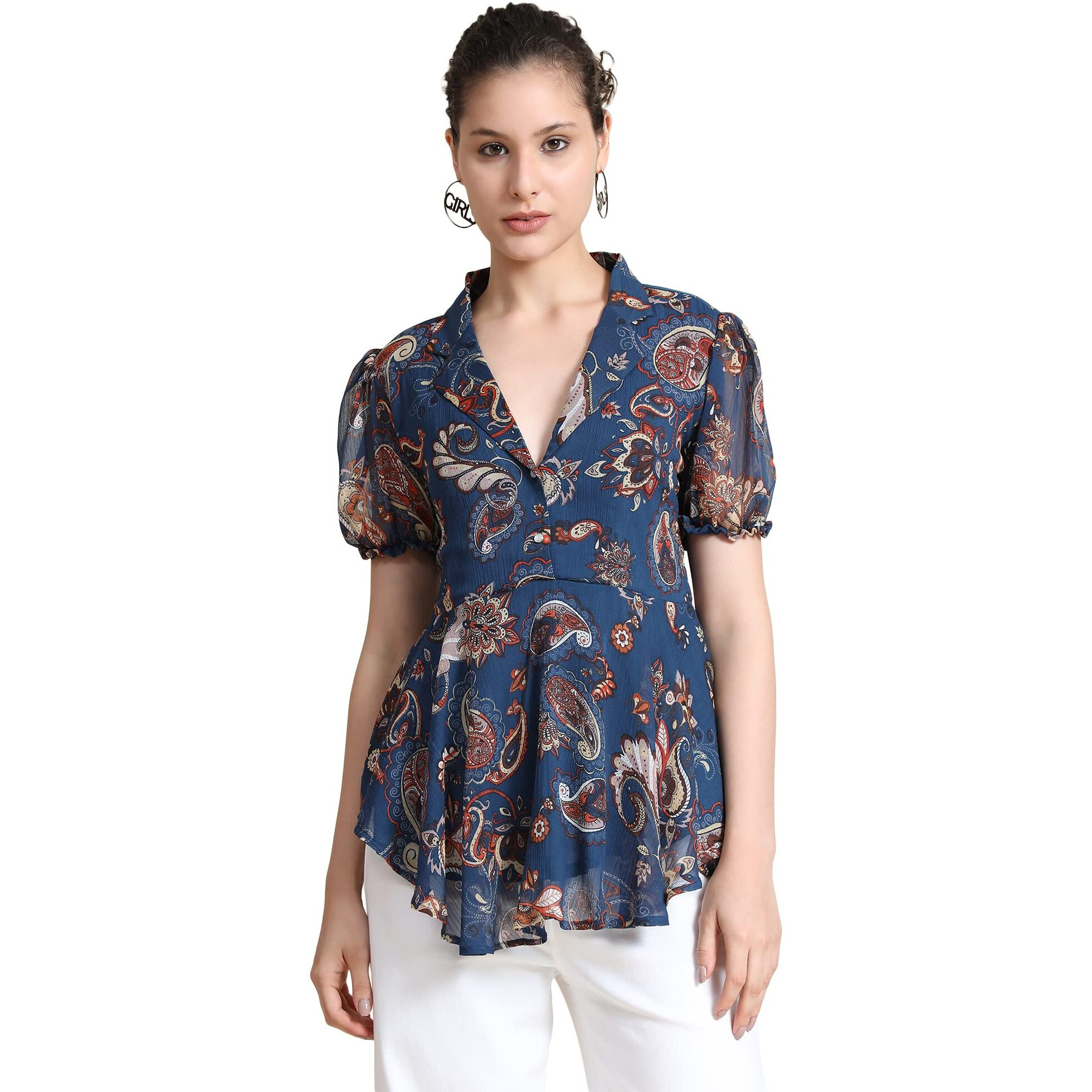 Toochki Women's Navy Blue Georgette Paisley Flared Western Top | Winter Top | Western Top | Top For Women | Latest Women Top | Trendy Women Top