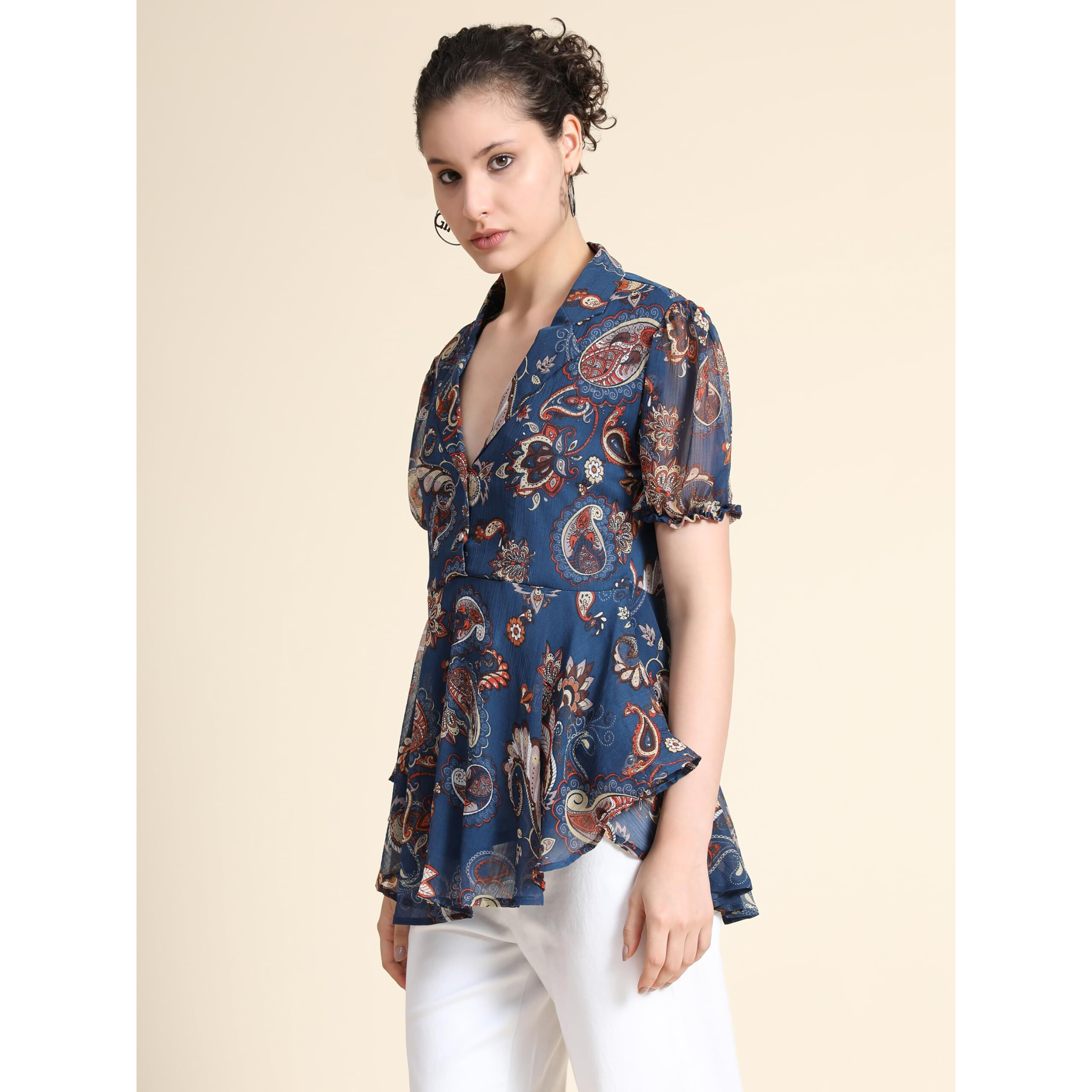 Toochki Women's Navy Blue Georgette Paisley Flared Western Top | Winter Top | Western Top | Top For Women | Latest Women Top | Trendy Women Top