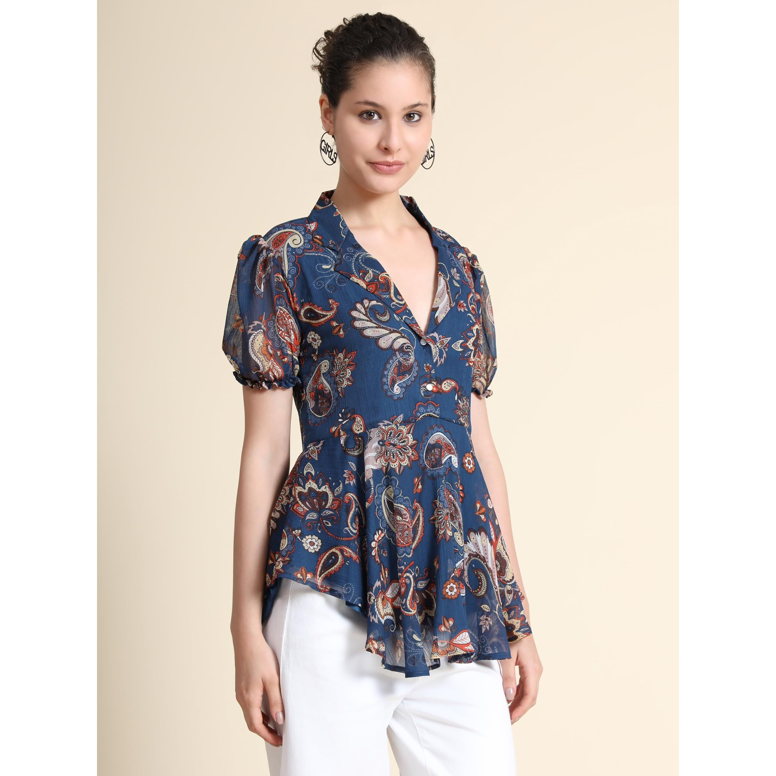 Toochki Women's Navy Blue Georgette Paisley Flared Western Top | Winter Top | Western Top | Top For Women | Latest Women Top | Trendy Women Top