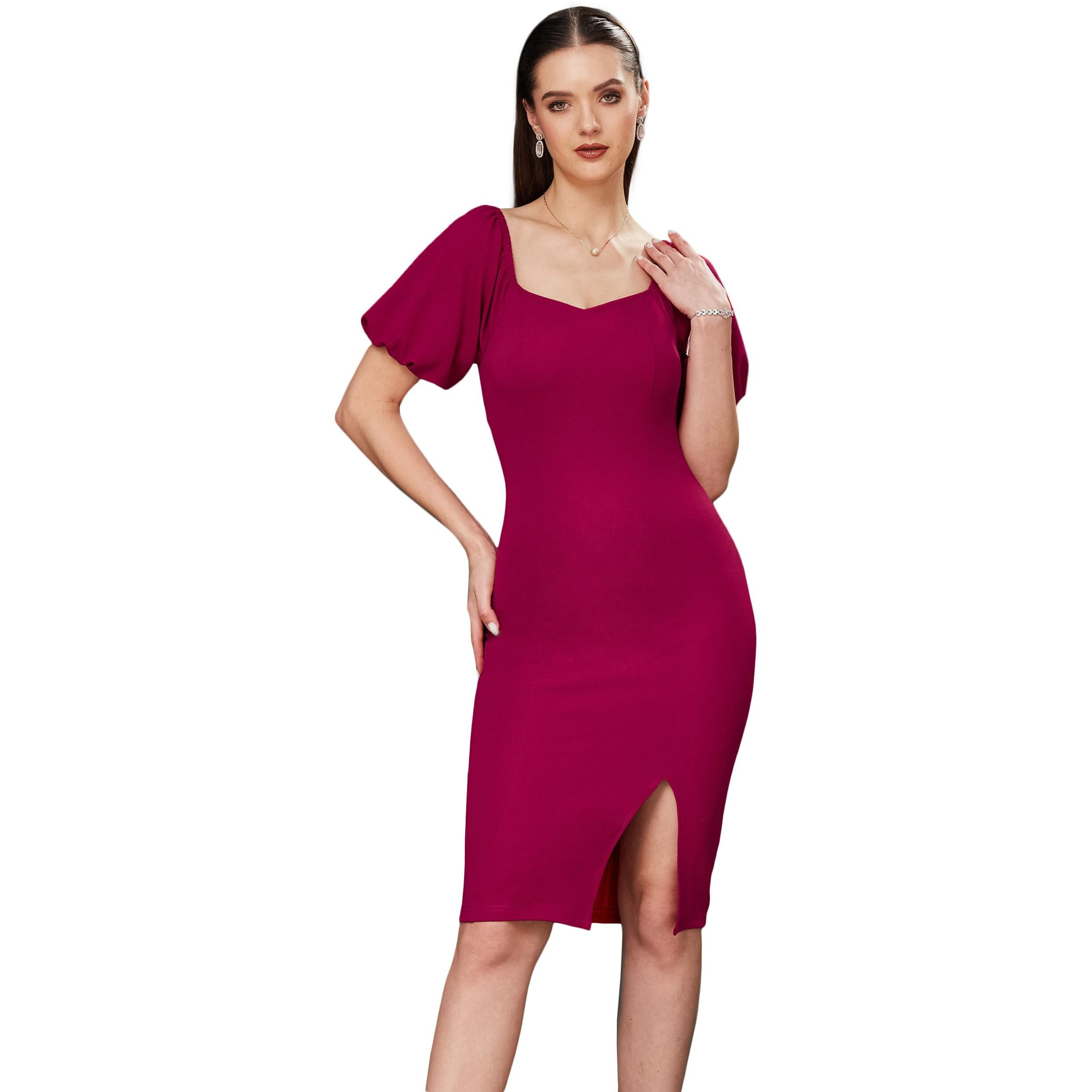 Miss Chase Women's Solid Bodycon V-Neck Half Sleeve Slim Fit Knee Long Dress (Mcss23D98-75-23-04, Dark Pink, M)