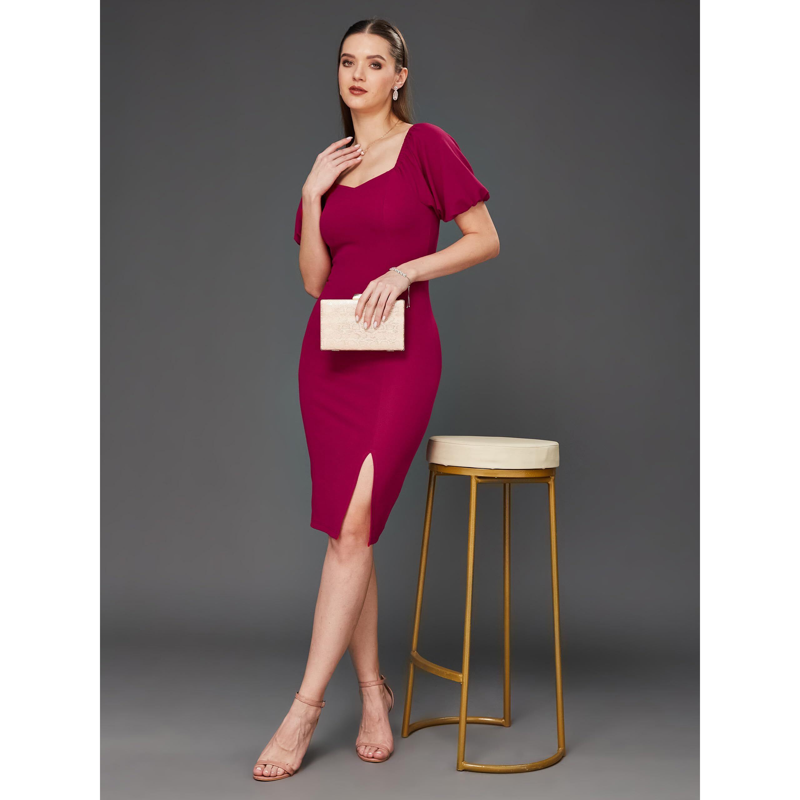 Miss Chase Women's Solid Bodycon V-Neck Half Sleeve Slim Fit Knee Long Dress (Mcss23D98-75-23-04, Dark Pink, M)