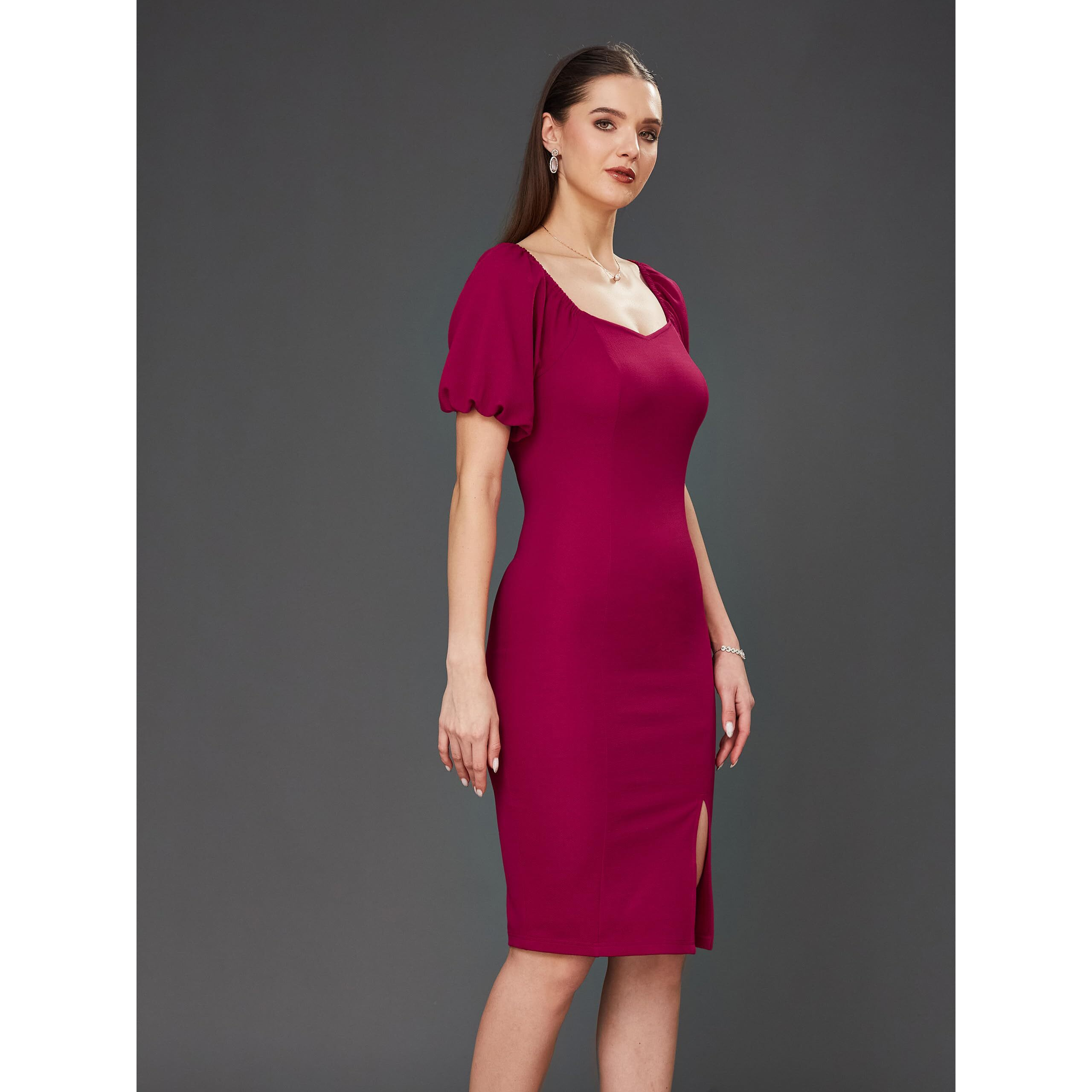 Miss Chase Women's Solid Bodycon V-Neck Half Sleeve Slim Fit Knee Long Dress (Mcss23D98-75-23-04, Dark Pink, M)