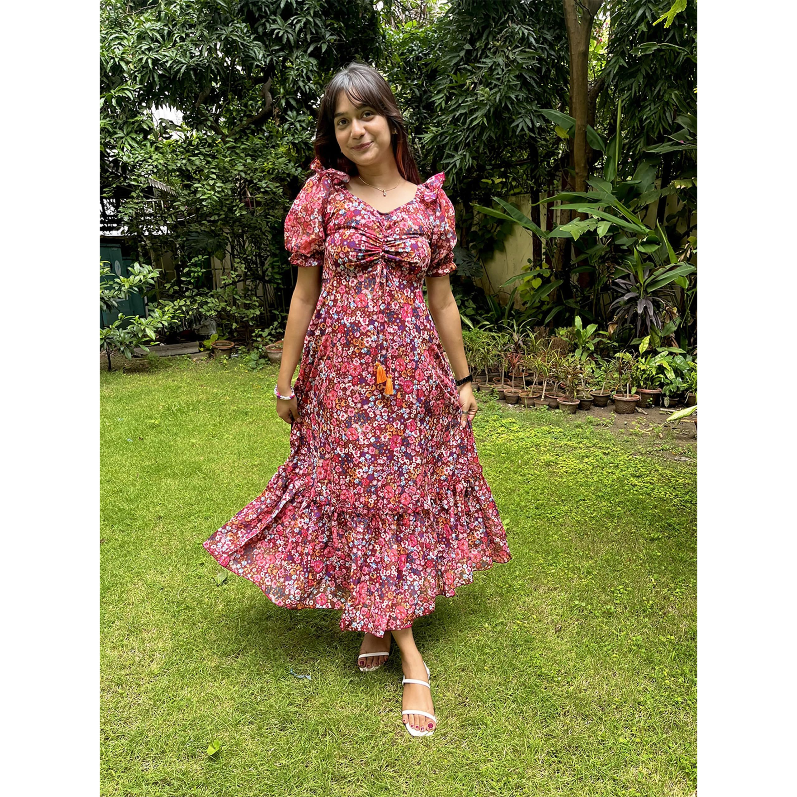 Miss Chase Women's Multicolored-Base-Wine V-Neck Puff Sleeve Floral Ruching Ankle-Length Dress (Mcaw21D06-35-252-04, Multicolored, M)