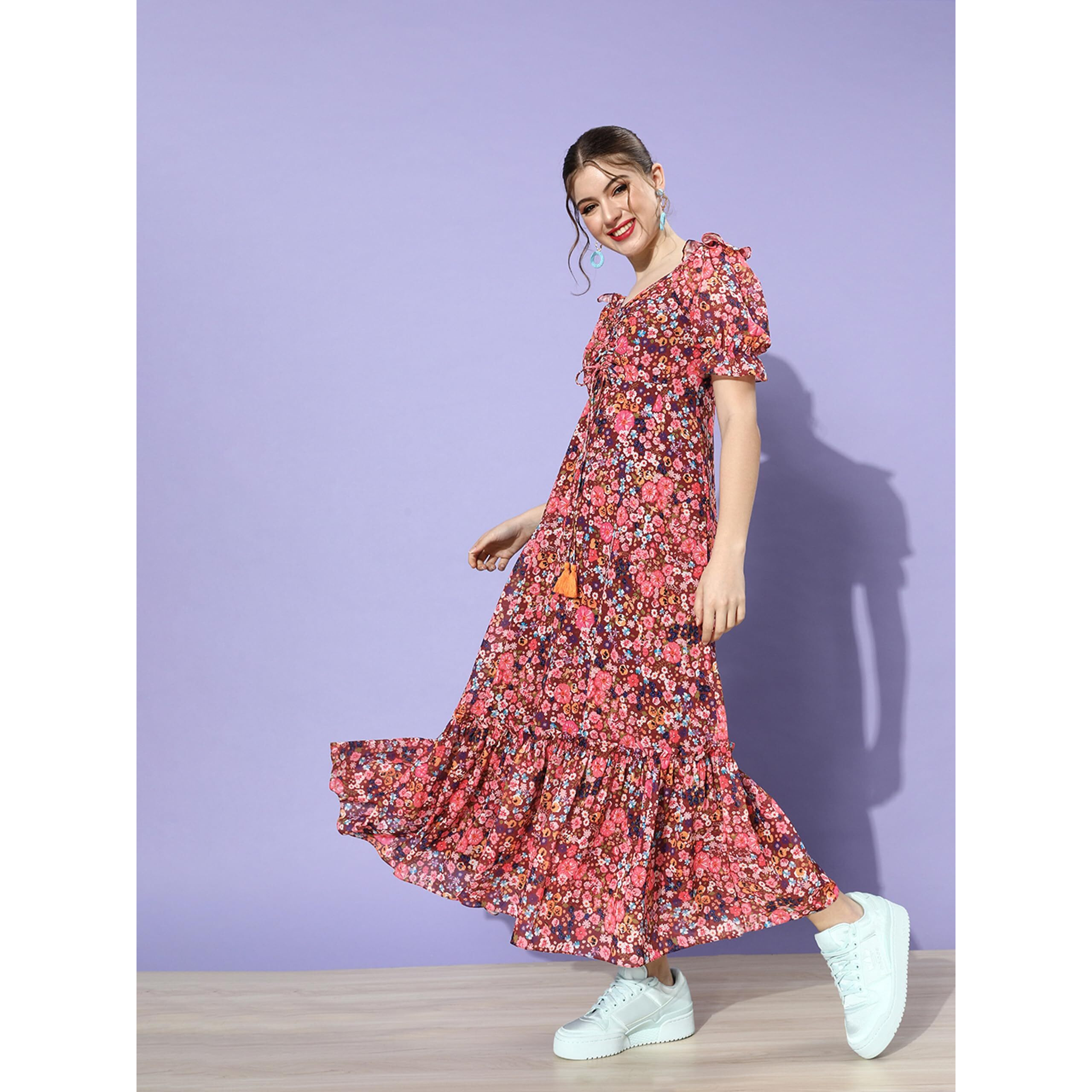 Miss Chase Women's Multicolored-Base-Wine V-Neck Puff Sleeve Floral Ruching Ankle-Length Dress (Mcaw21D06-35-252-04, Multicolored, M)