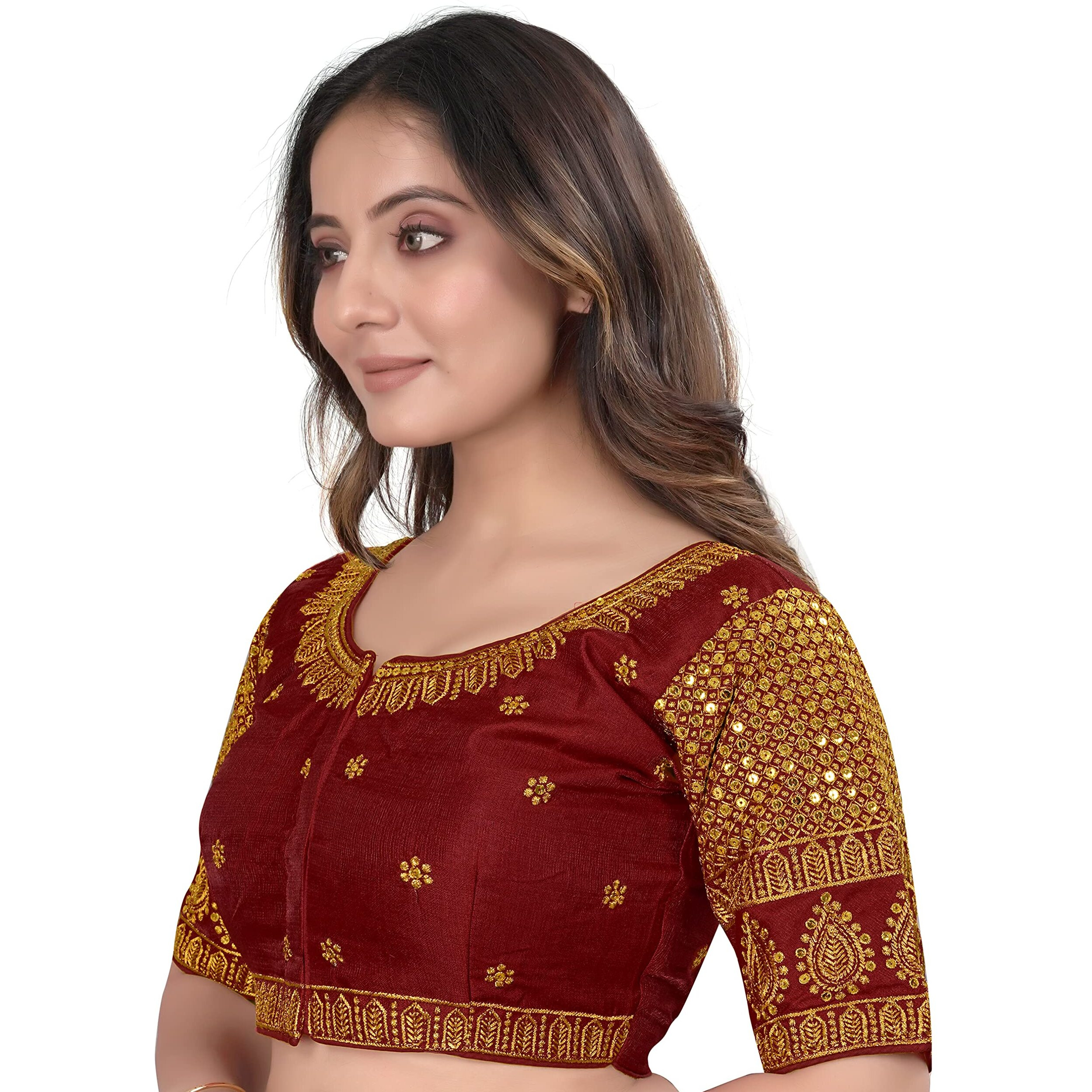 Vihu Fashion Milan Silk Golden Zari Embroidery With Sequins Work Elbow Length Saree Blouse (Delta Maroon 38)