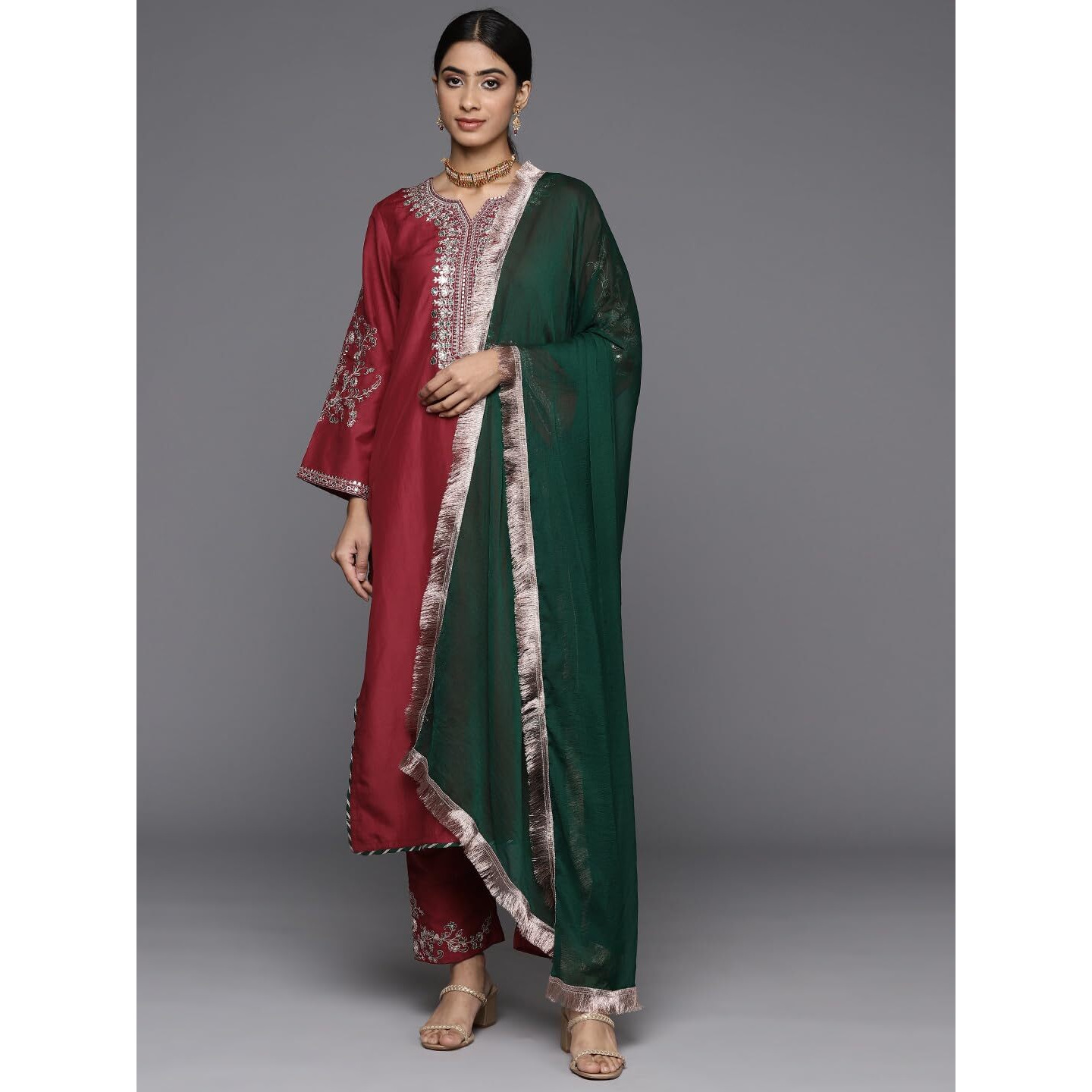Varanga Women's Maroon Round Neck Yoke Embroidered Straight Kurta With Tonal Embroidered Bottom And Contrast Dupatta With Fringes  Elegant Ethnic Wear