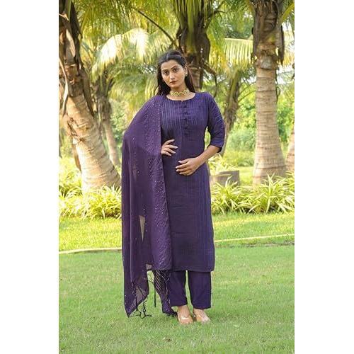 Womanista Women's Poly Crepe Solid (Kurtaset_1206_Purple_M)