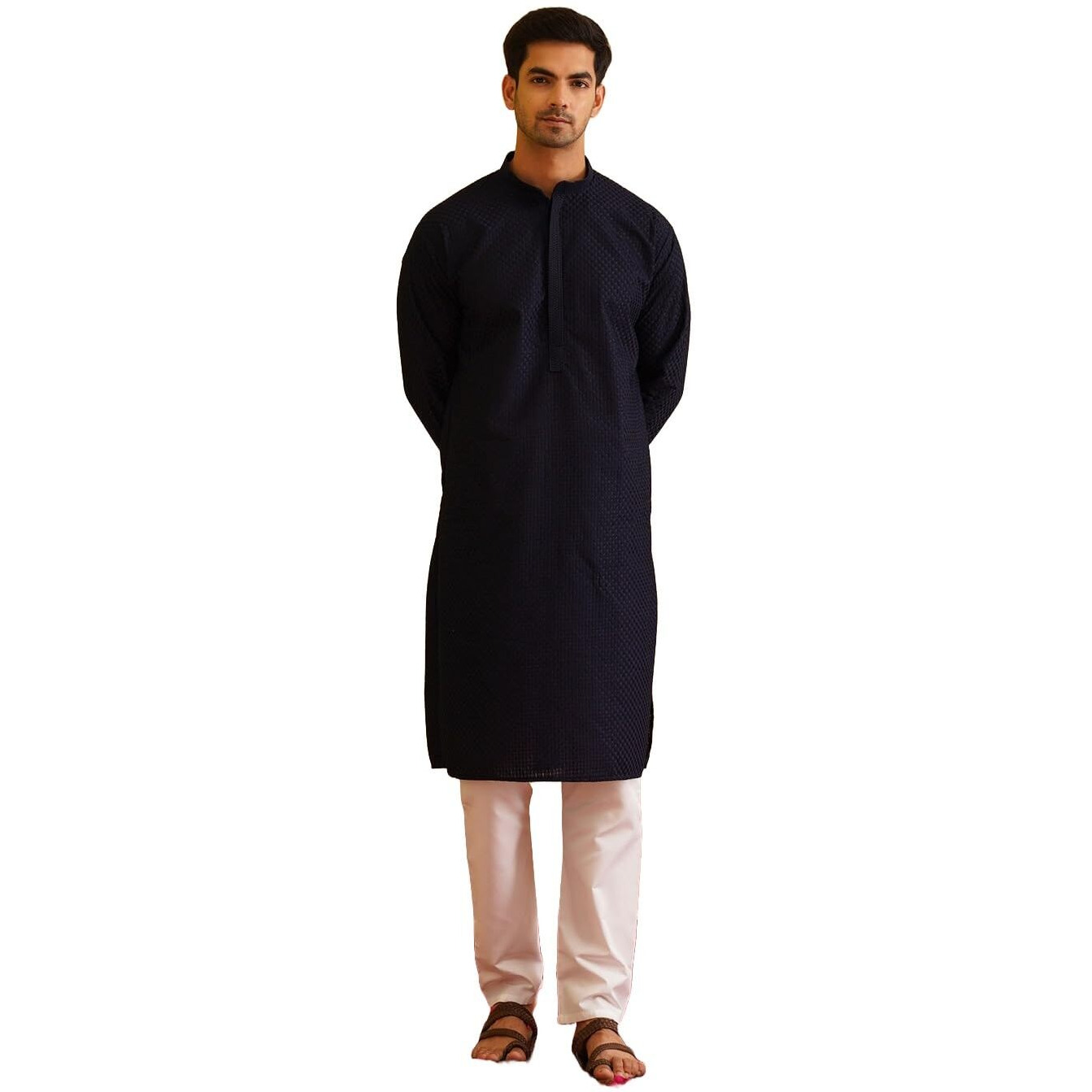 Sojanya (Since 1958 Men's Cotton Checked Thread Work Navy Kurta With Churidar Pyjama Size-36