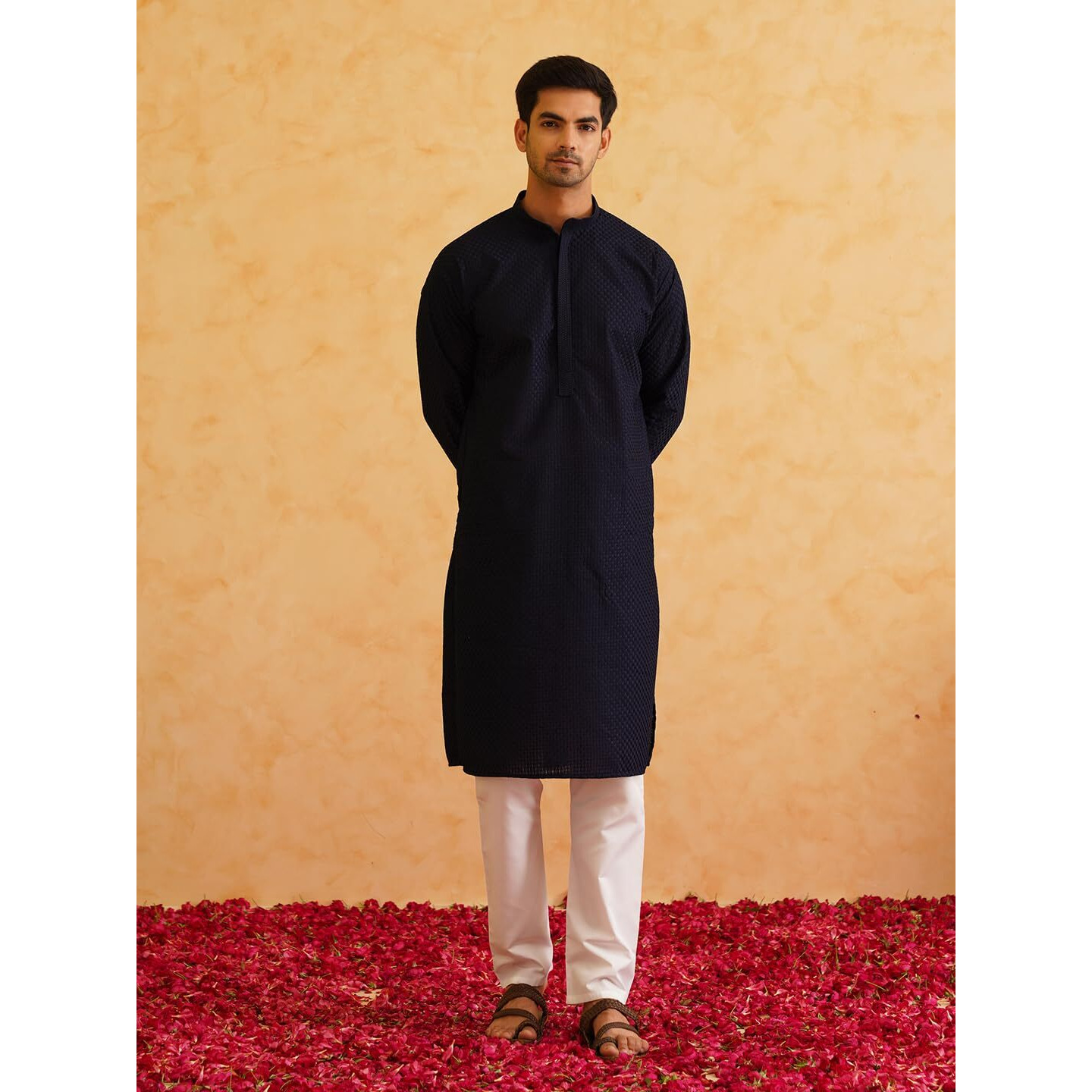 Sojanya (Since 1958 Men's Cotton Checked Thread Work Navy Kurta With Churidar Pyjama Size-36