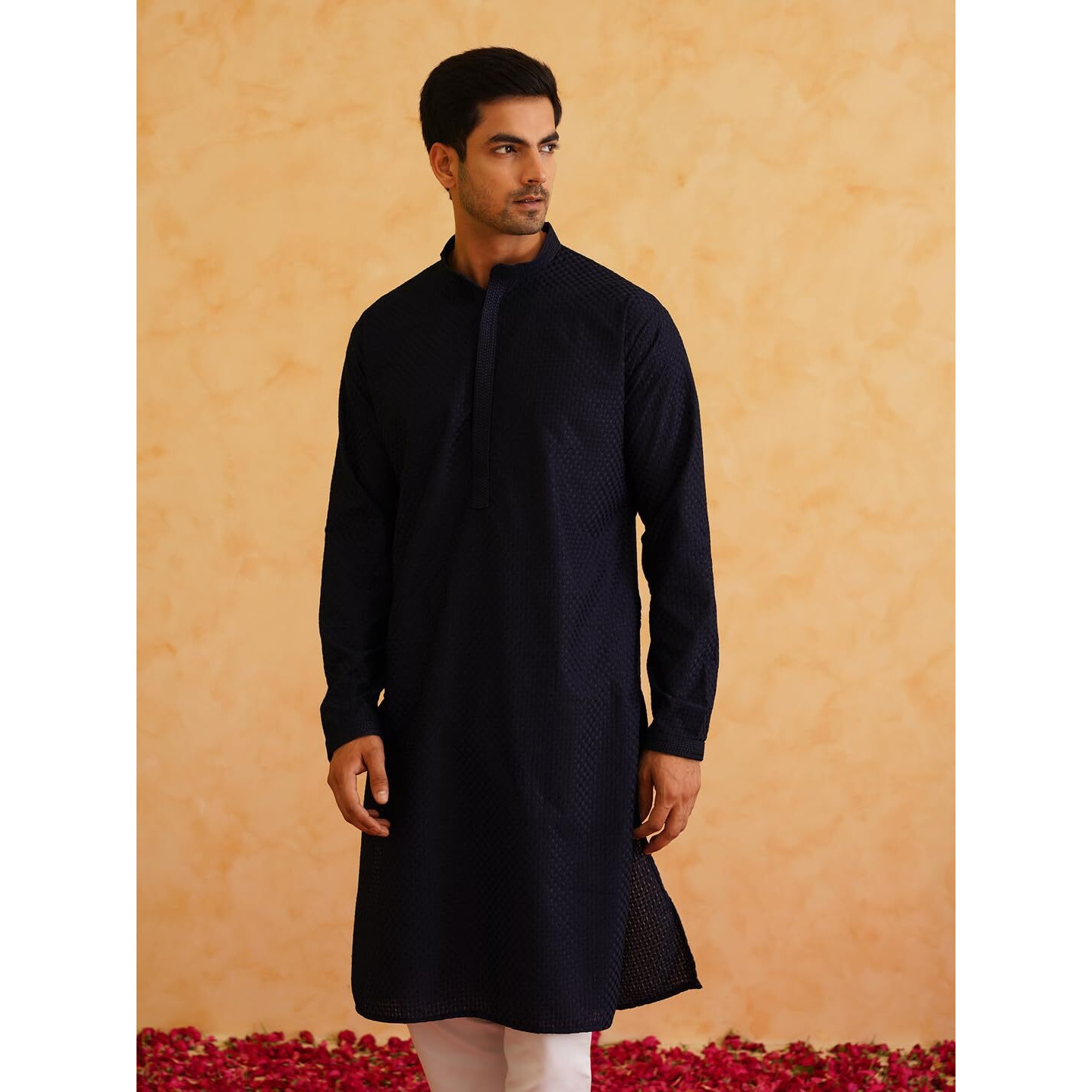 Sojanya (Since 1958 Men's Cotton Checked Thread Work Navy Kurta With Churidar Pyjama Size-36