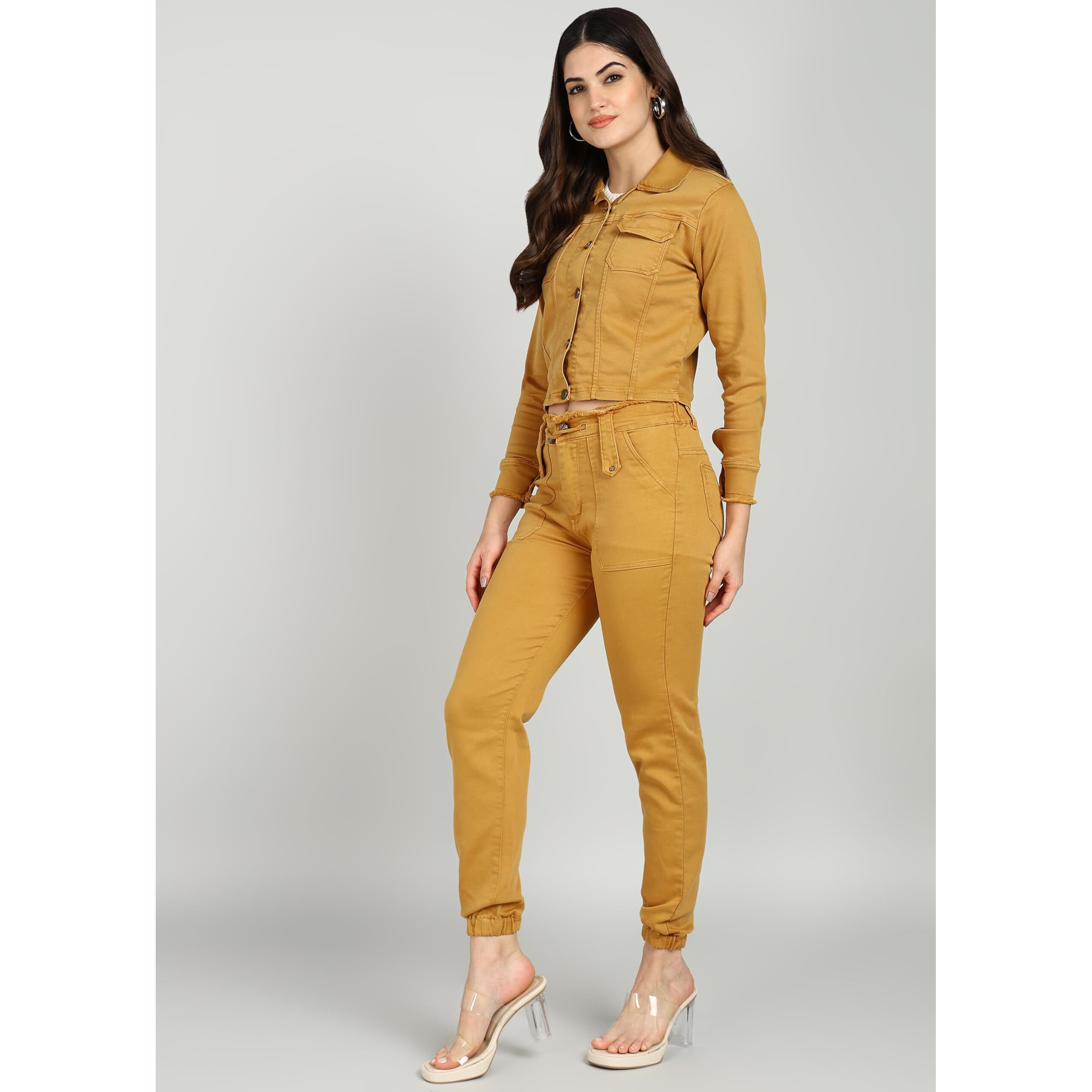 Nifty Women's Denim Jacket And Joggers Coord Set (1470_Combo_Gold_L_Gold_L)