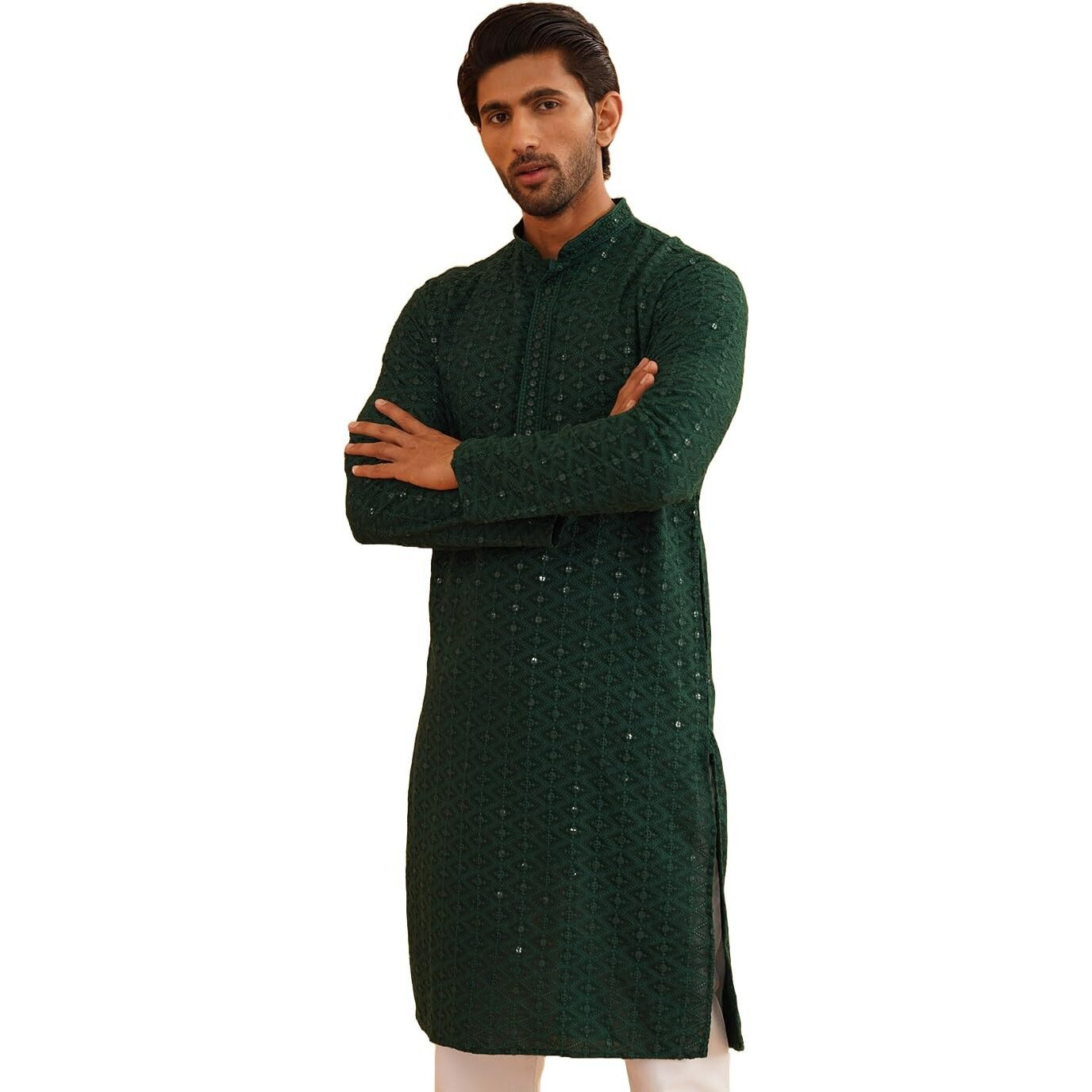 Sojanya (Since 1958 Men's Ethnic Motifs Embroidered Sequinned Green Cotton Long Kurta