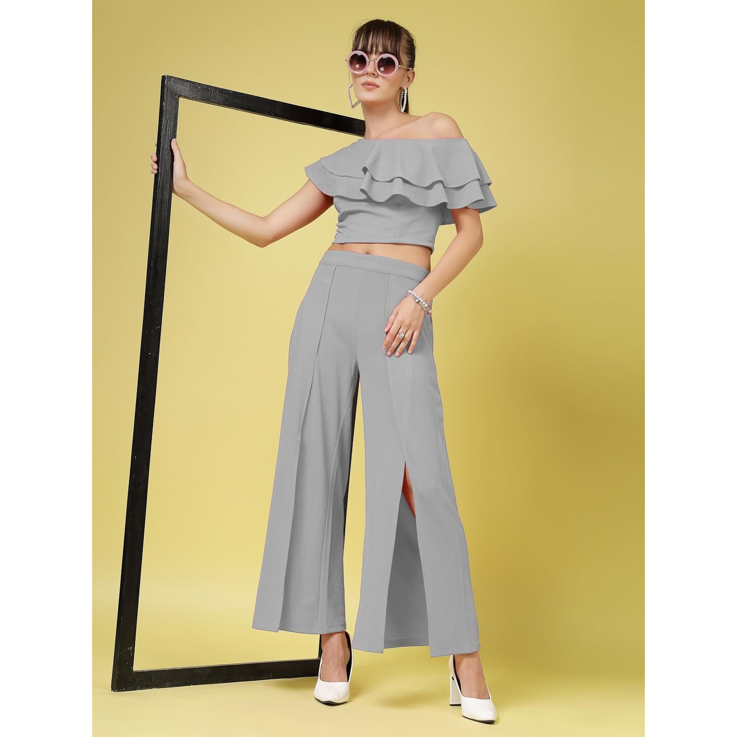 Oomph Women's Stretchable Lycra Top And Trouser Pant Set |Two Piece Co-Ord Set | Wester Wear Regular Fit | Stylish Multipurpose Top - Bottom Pair - Grey