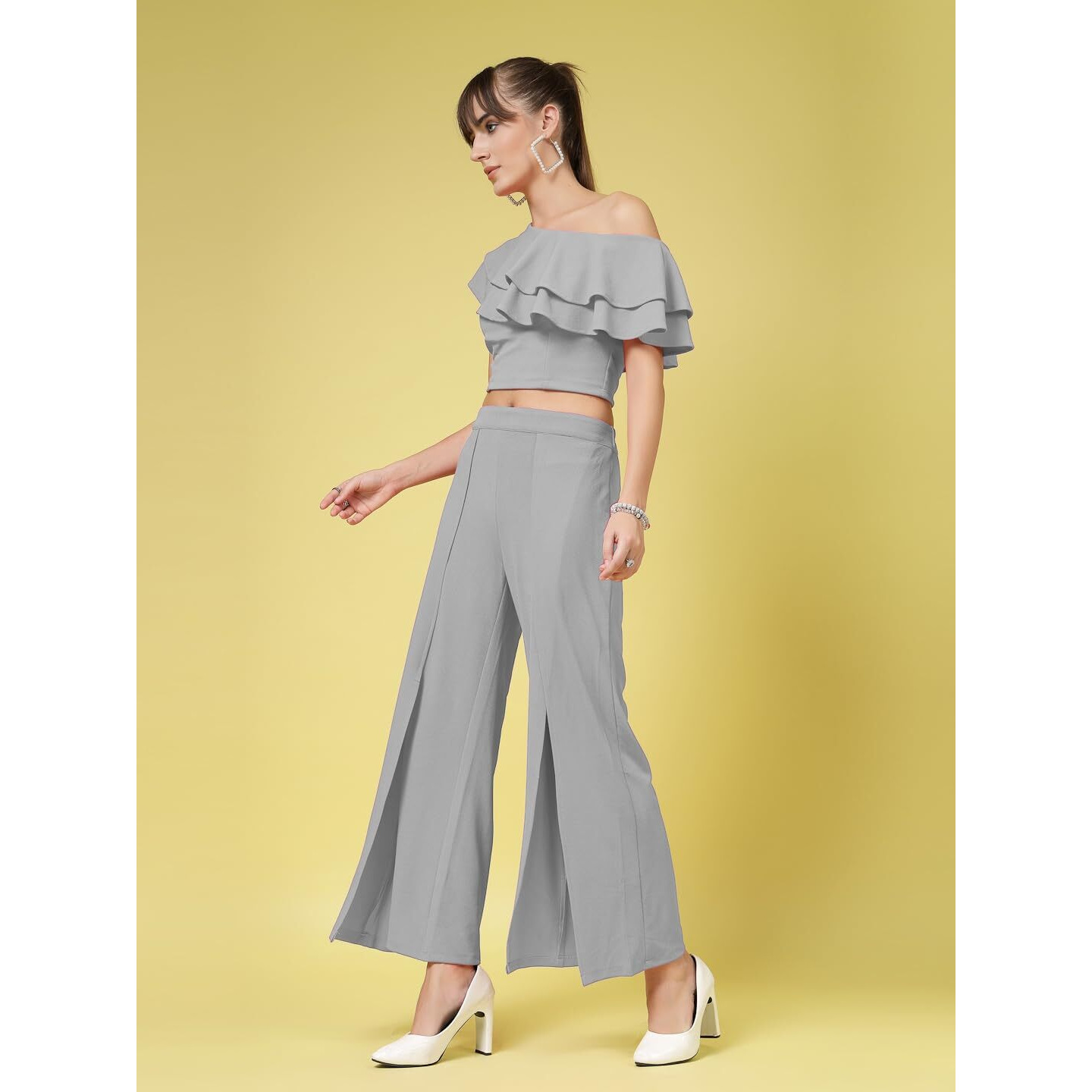 Oomph Women's Stretchable Lycra Top And Trouser Pant Set |Two Piece Co-Ord Set | Wester Wear Regular Fit | Stylish Multipurpose Top - Bottom Pair - Grey