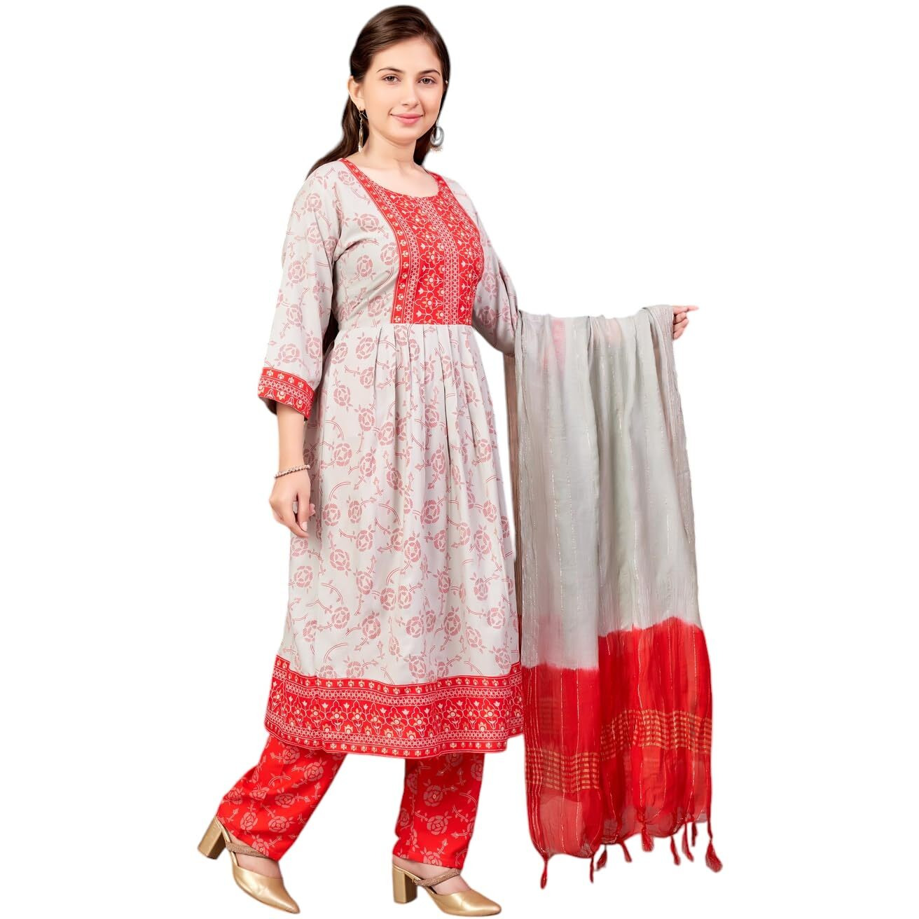 Aarika Girls Ethnic Wear Grey-Red Colour Foil Print Rayon Kurti-8-15 Years (Kurti-Ap-804)