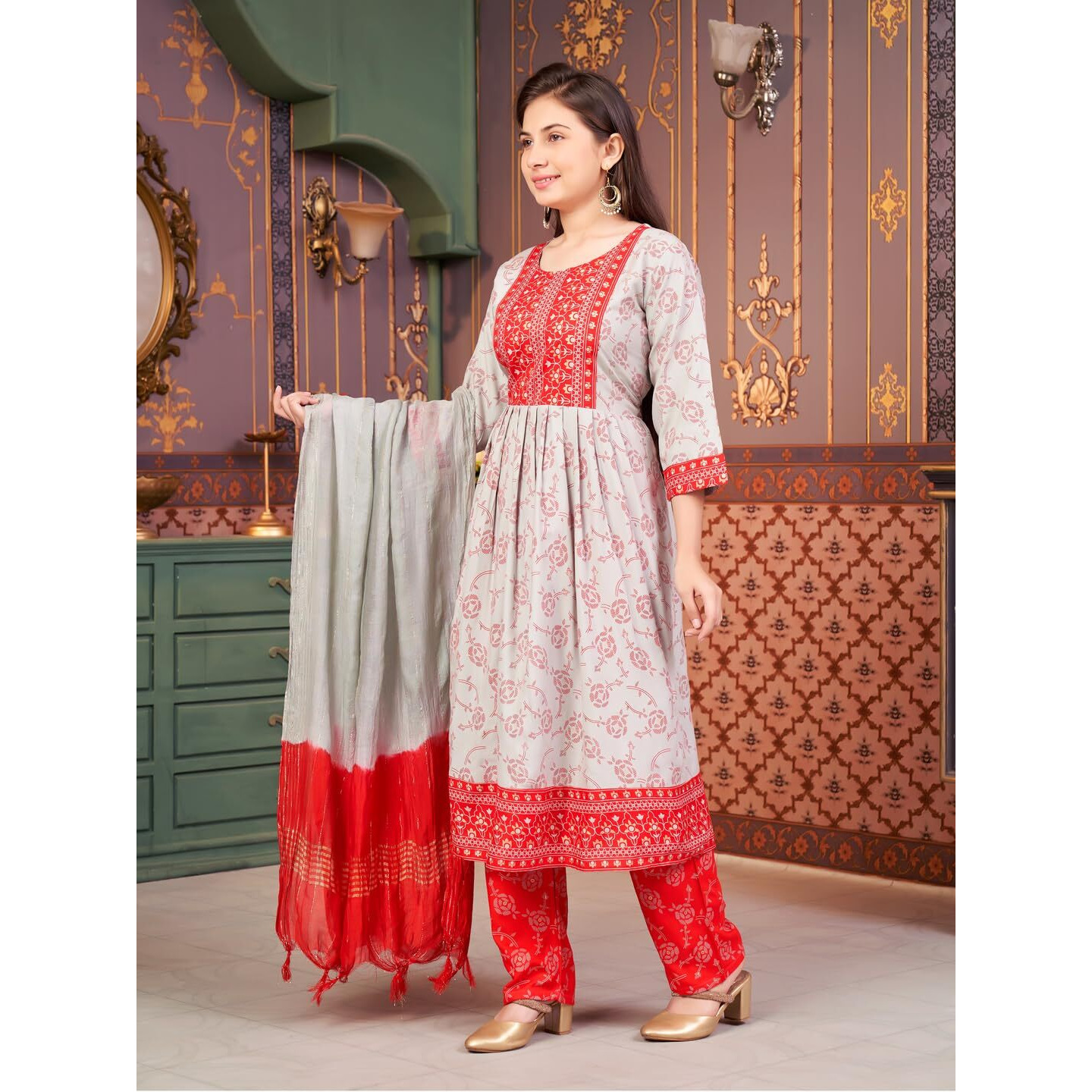 Aarika Girls Ethnic Wear Grey-Red Colour Foil Print Rayon Kurti-8-15 Years (Kurti-Ap-804)