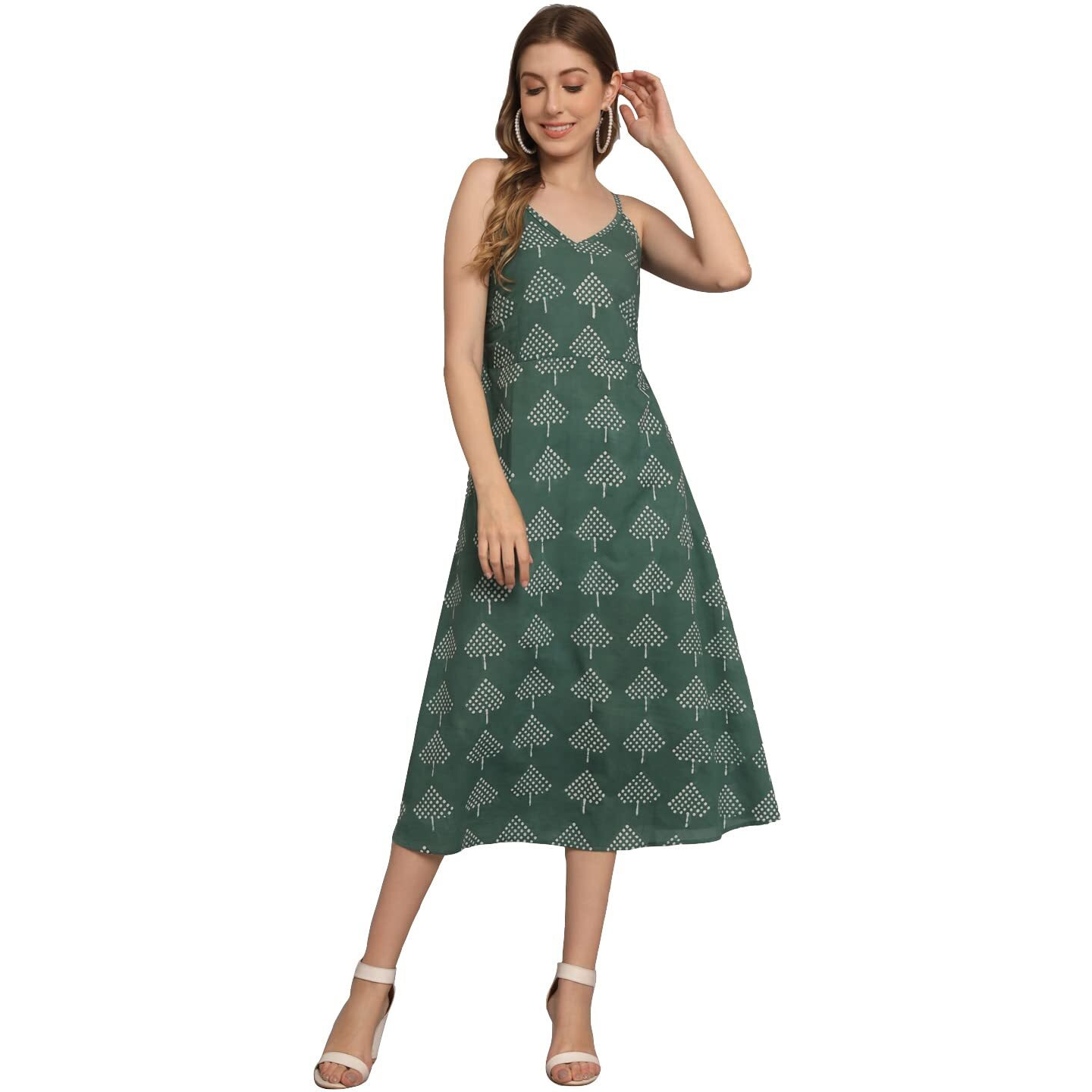 Peppyzone Women's Handblock Printed Sleeveless Shoulder Strip Cami Dress (S, Slate Grey)