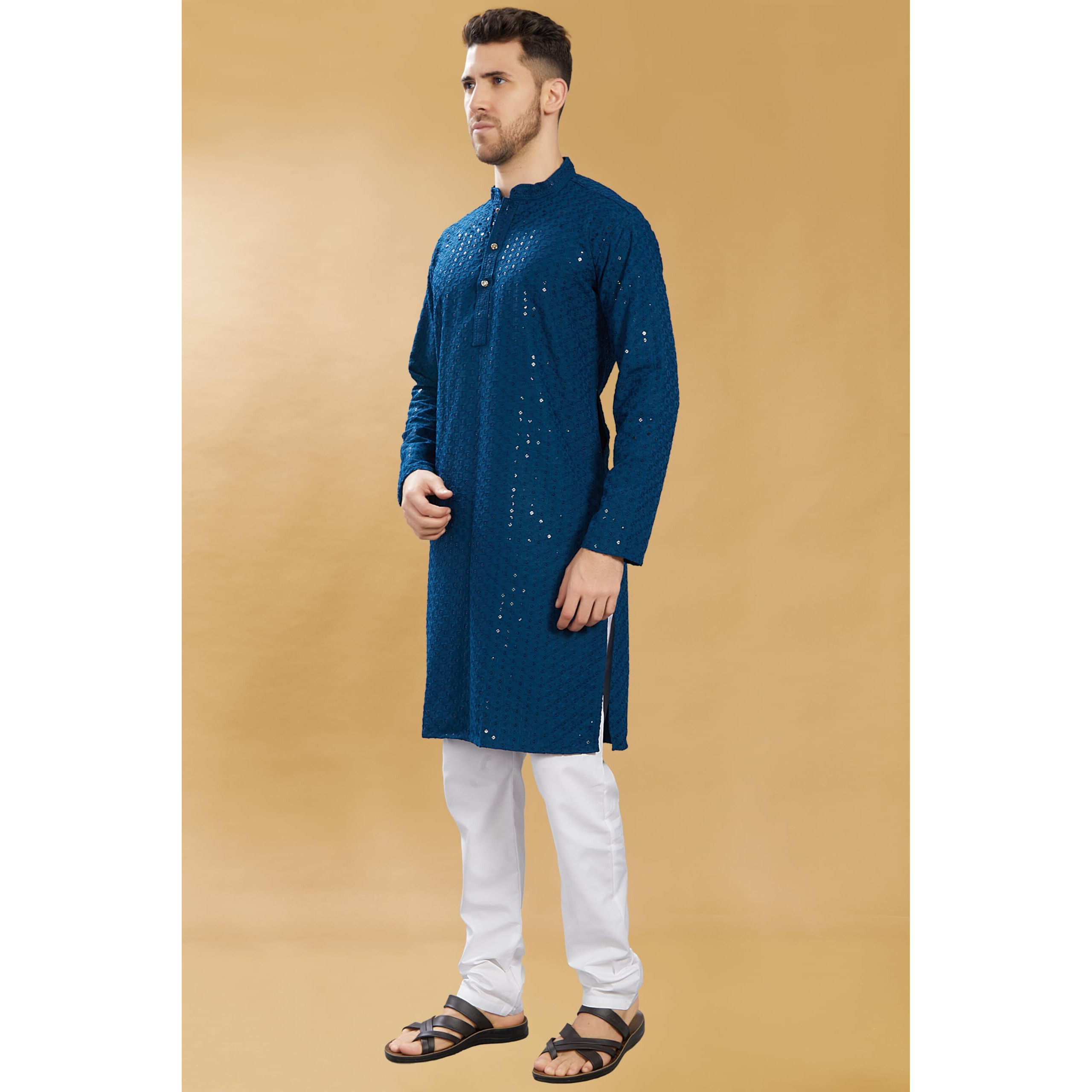 Divisive Men's Sequince Embroidered Cotton Blend Only Slim Fit Kurta (Dkrt577_S_Turquoise)
