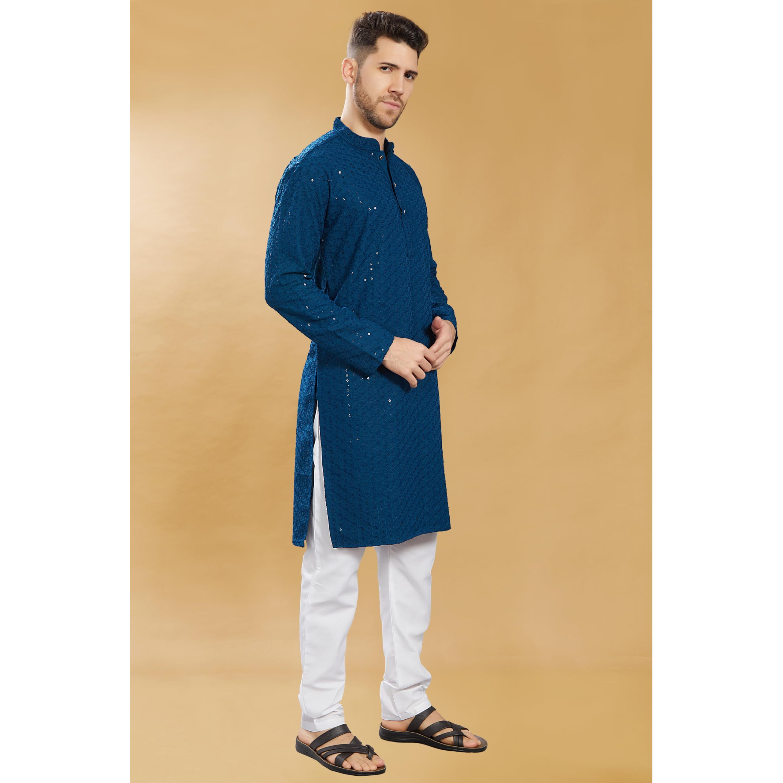 Divisive Men's Sequince Embroidered Cotton Blend Only Slim Fit Kurta (Dkrt577_S_Turquoise)