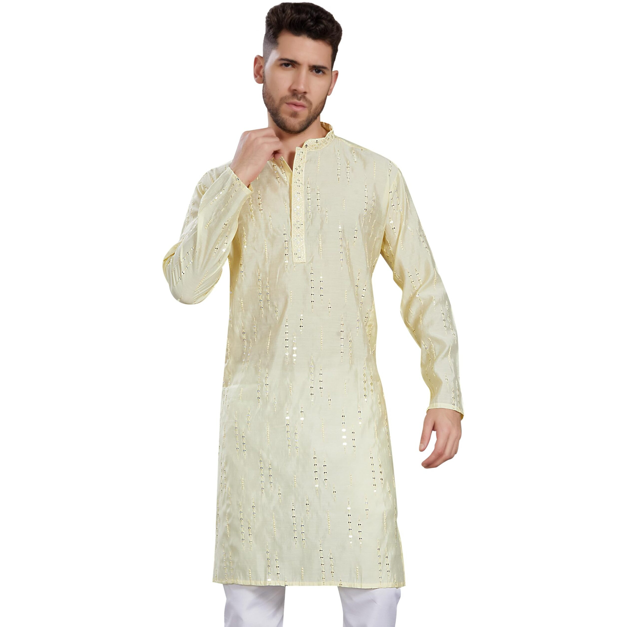 Divisive Men's Mirror Embroidered Silk Blend Only Slim Fit Kurta (Dkrt815_S_L Yellow)
