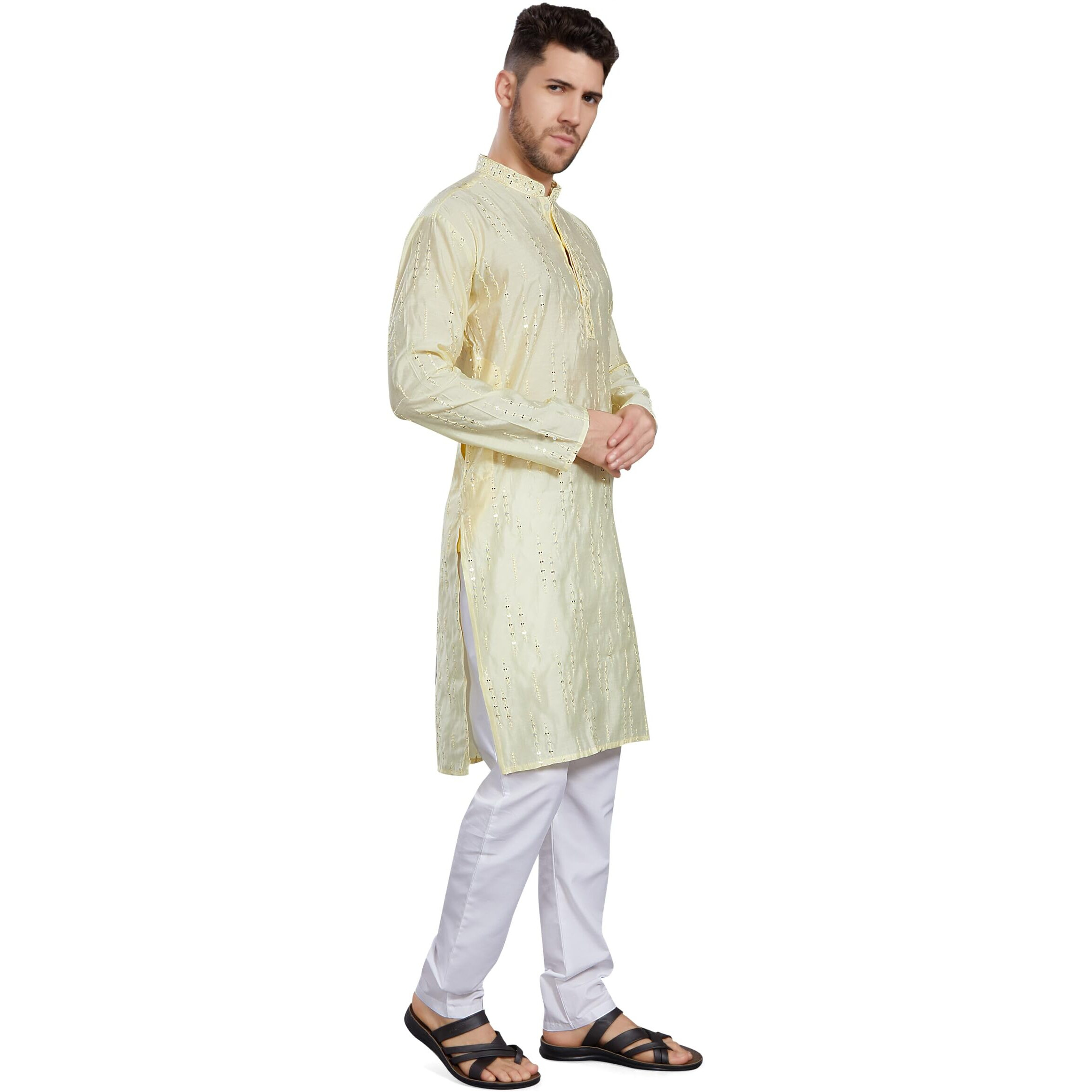 Divisive Men's Mirror Embroidered Silk Blend Only Slim Fit Kurta (Dkrt815_S_L Yellow)