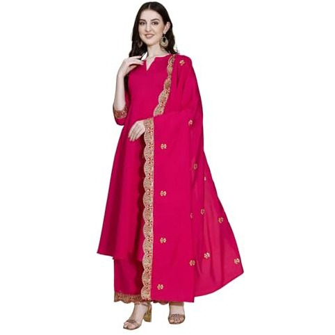 Pratham Blue Women's Silk Embroidered Anarkali Kurta With Palazzos And Dupatta (Pb-6156-L_Pink)