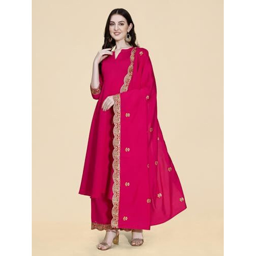 Pratham Blue Women's Silk Embroidered Anarkali Kurta With Palazzos And Dupatta (Pb-6156-L_Pink)