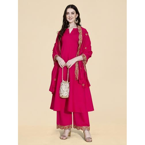 Pratham Blue Women's Silk Embroidered Anarkali Kurta With Palazzos And Dupatta (Pb-6156-L_Pink)