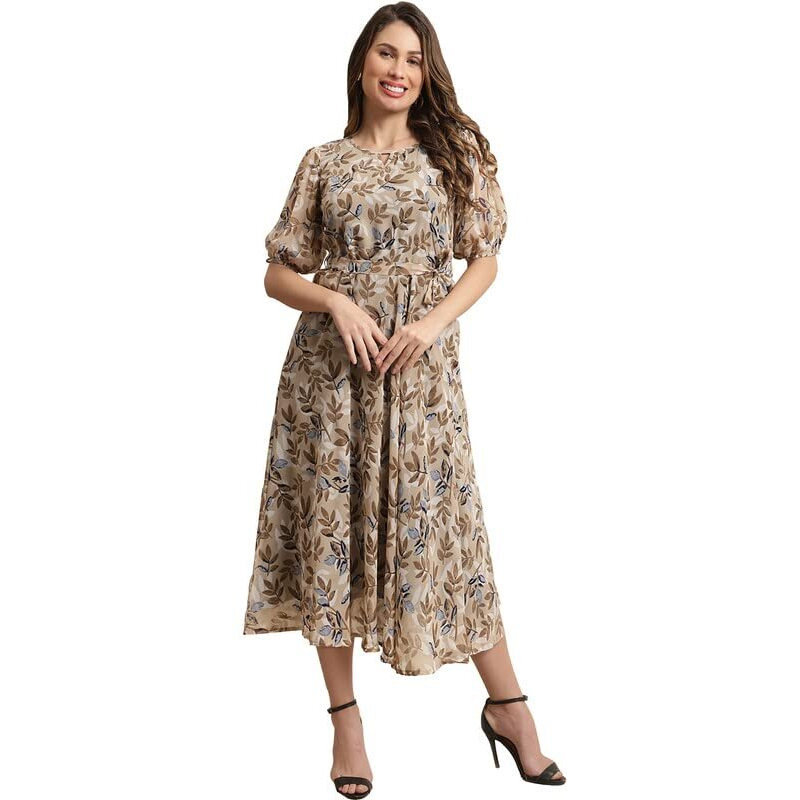 Preneum Women's Maxi Fit & Flare Print Georgette Regular Sleeves Casual |Summer |Latest Style |Festival & Occasion Maxi Gown(Maxi-N-27_S) Brown