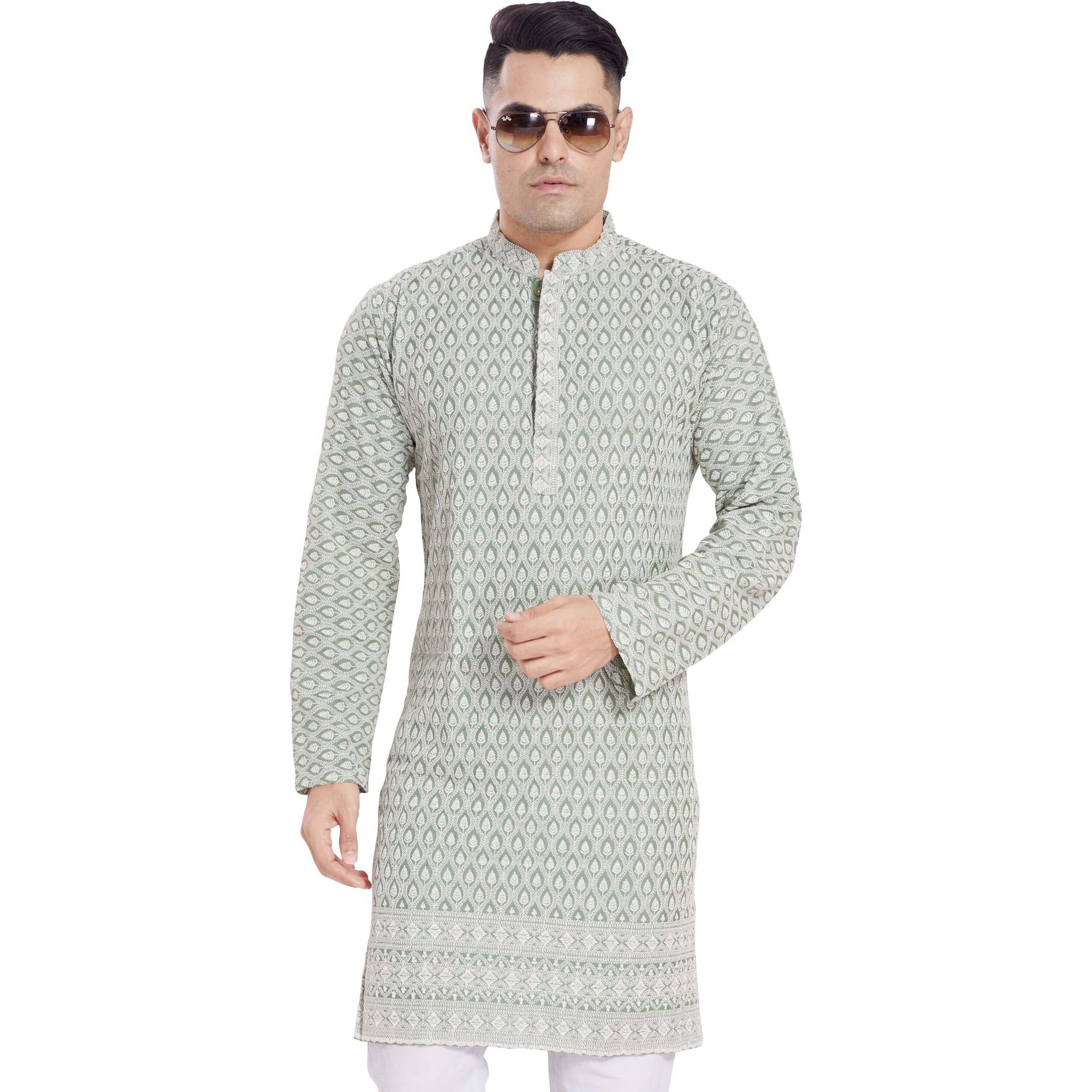 Divisive Men's Thread Embroidered Cotton Blend Only Slim Fit Kurta (Dkrt166_L_Green)