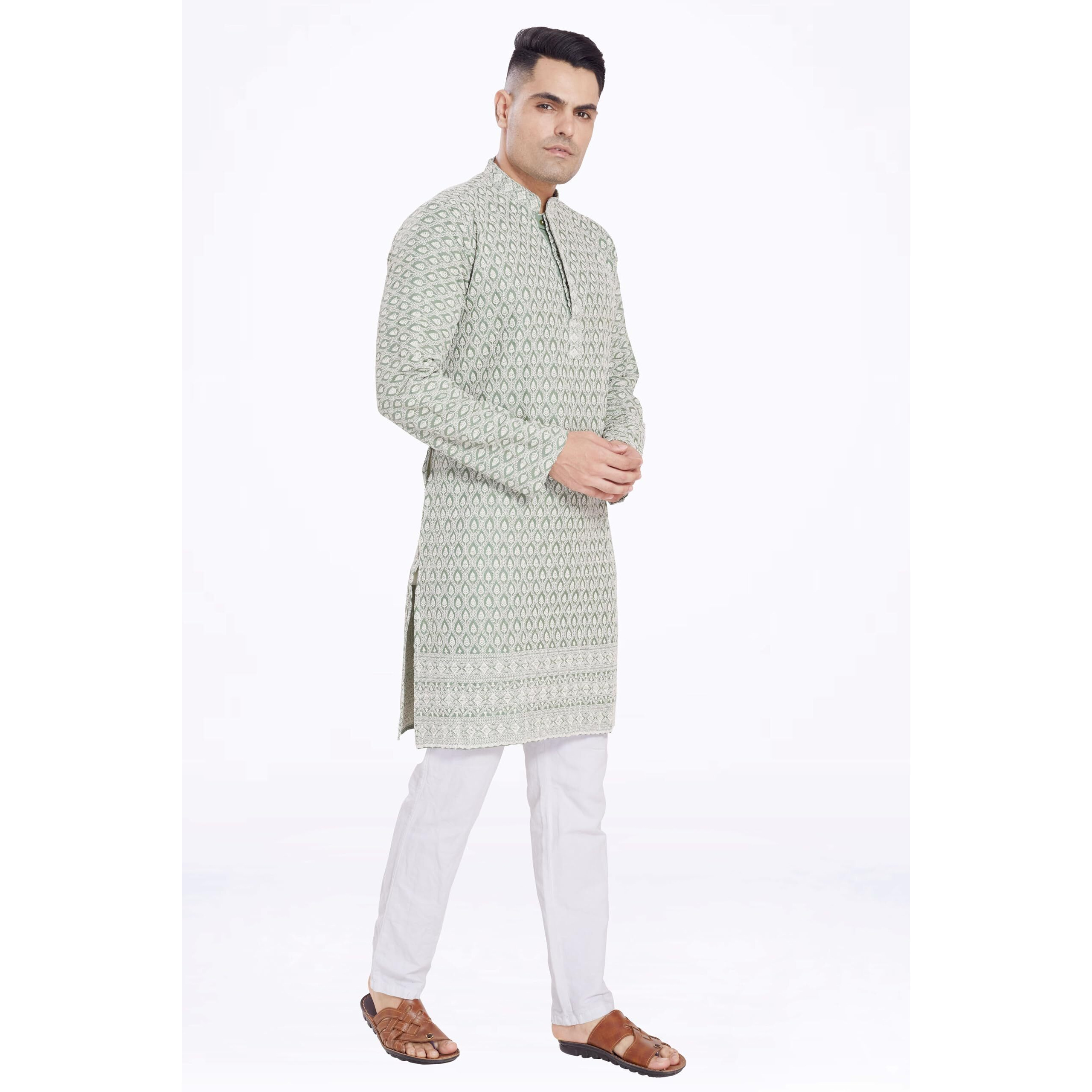 Divisive Men's Thread Embroidered Cotton Blend Only Slim Fit Kurta (Dkrt166_L_Green)