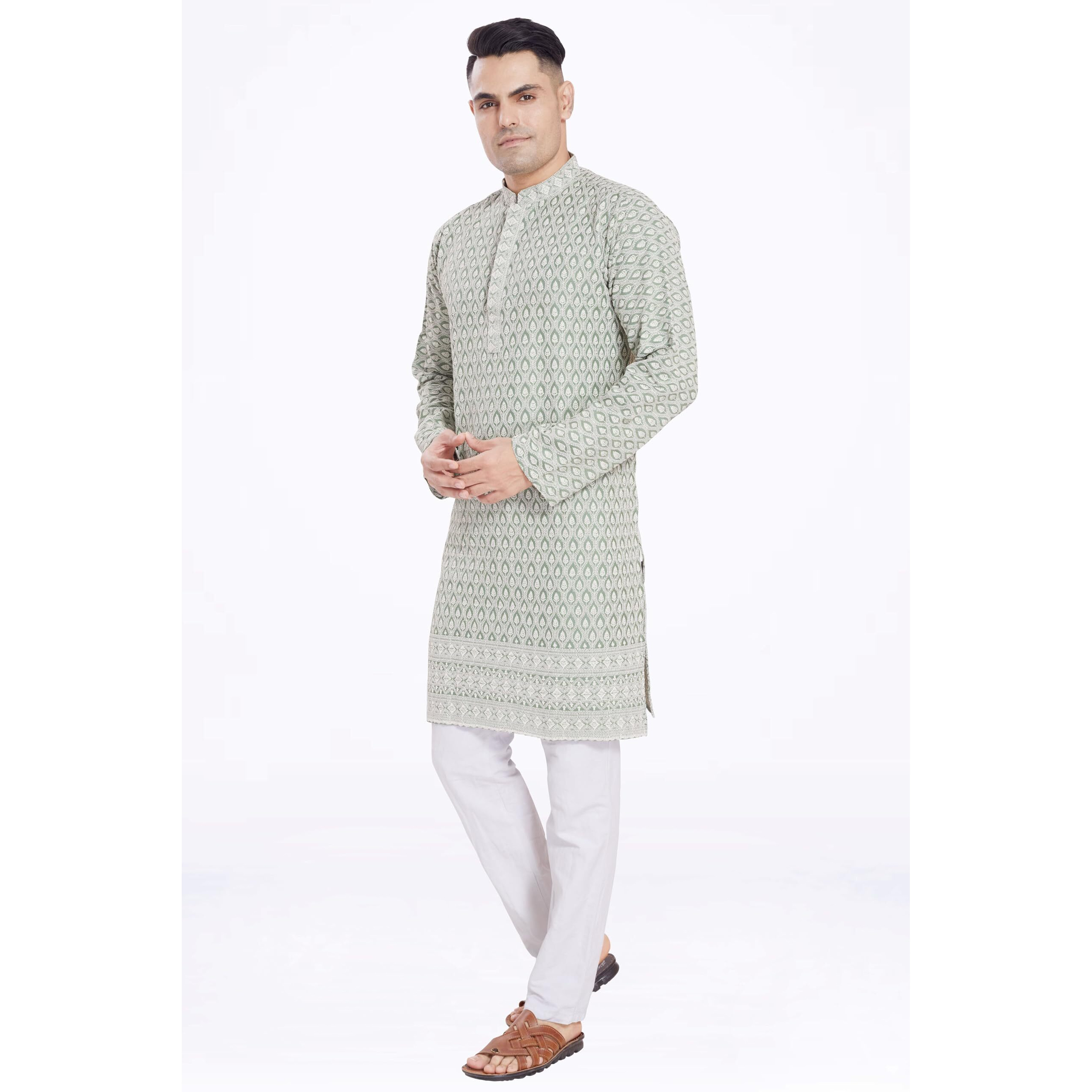 Divisive Men's Thread Embroidered Cotton Blend Only Slim Fit Kurta (Dkrt166_L_Green)
