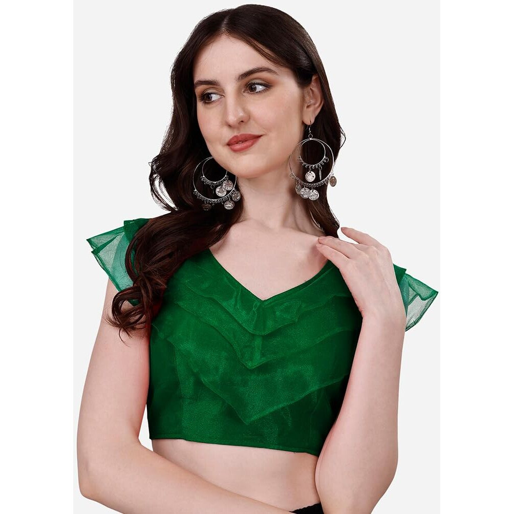 Pujia Mills Women's V Neck Orgenza Three Layer Ruffle Sleeve Frill Readymade Saree Blouse