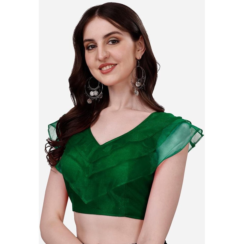 Pujia Mills Women's V Neck Orgenza Three Layer Ruffle Sleeve Frill Readymade Saree Blouse