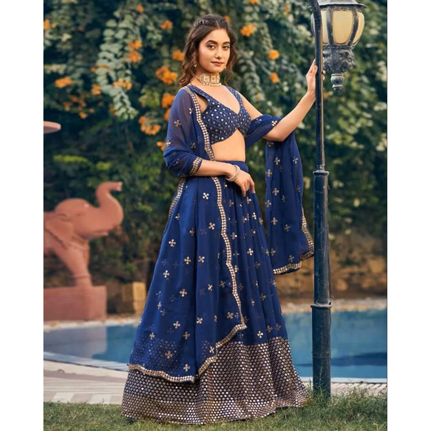 Fashion Basket Georgette Stiched Lehenga Set For Women (Blue)