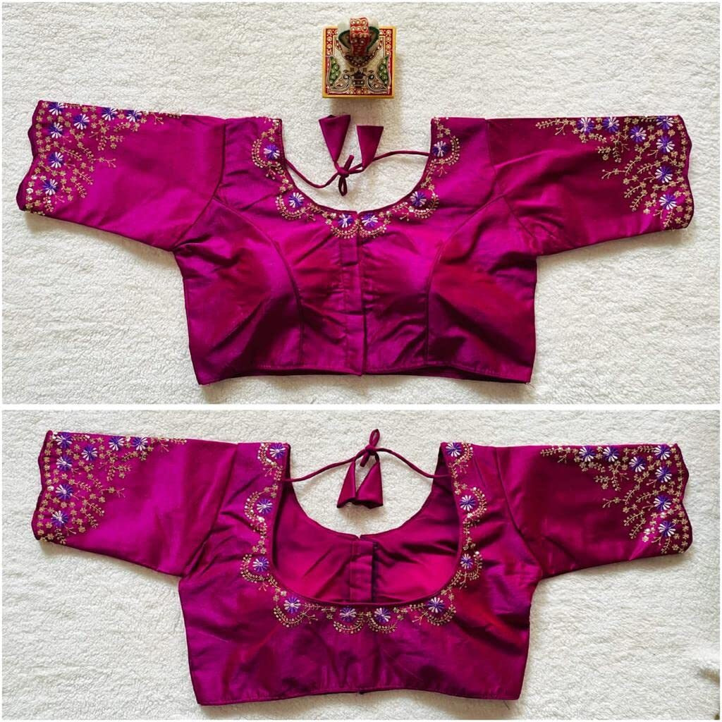 Pujia Mills Women's Silk Embroidery Sequence Work Half Sleeve Readymade Blouse (Purple, 38)