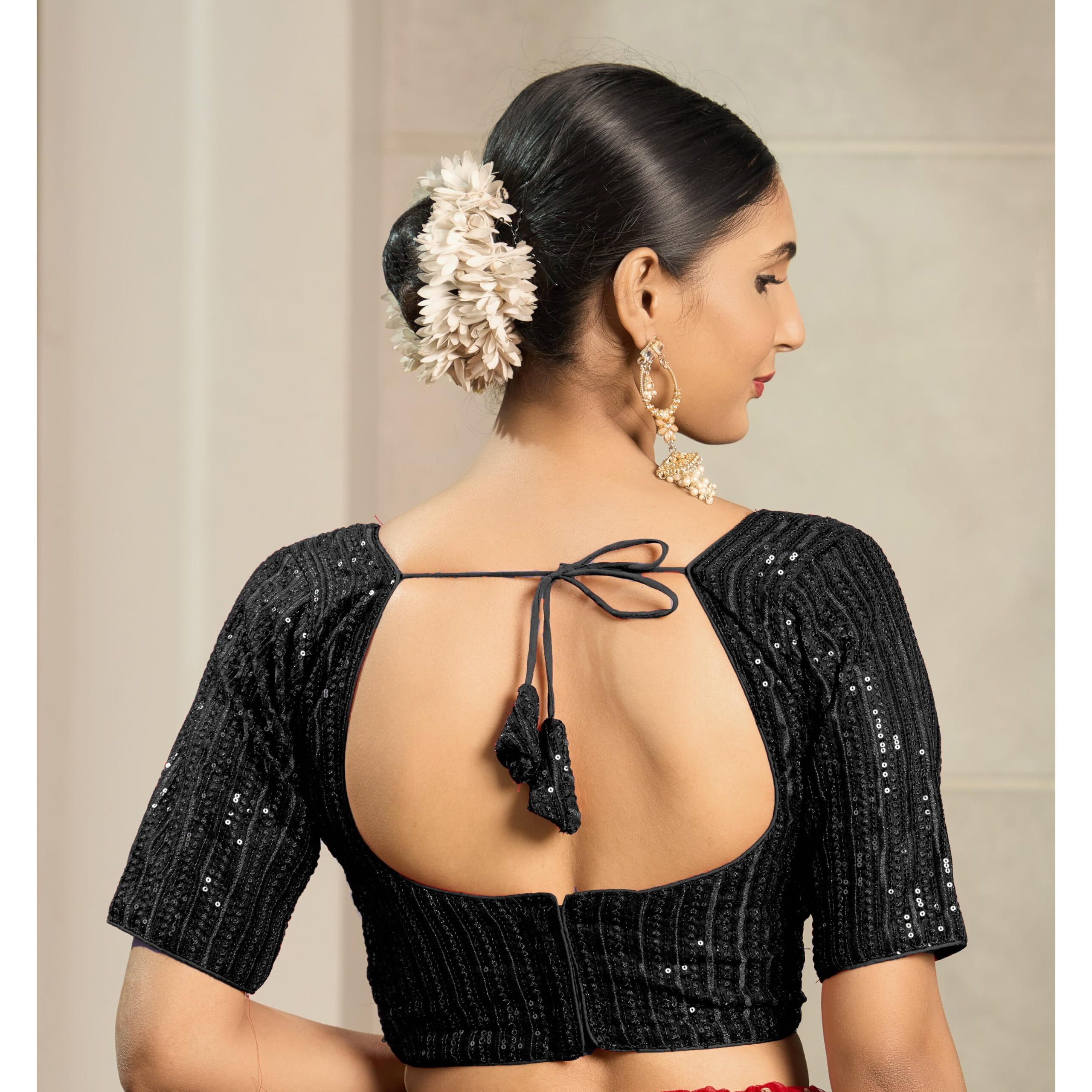 Pujia Mills Women's Indian Ethnic Wear Designer Silver Sequence With Matching Embroidered Work V Neck Half Sleeve Readymade Padded Saree Blouse Readymade Unique Black Color Saree Blouse