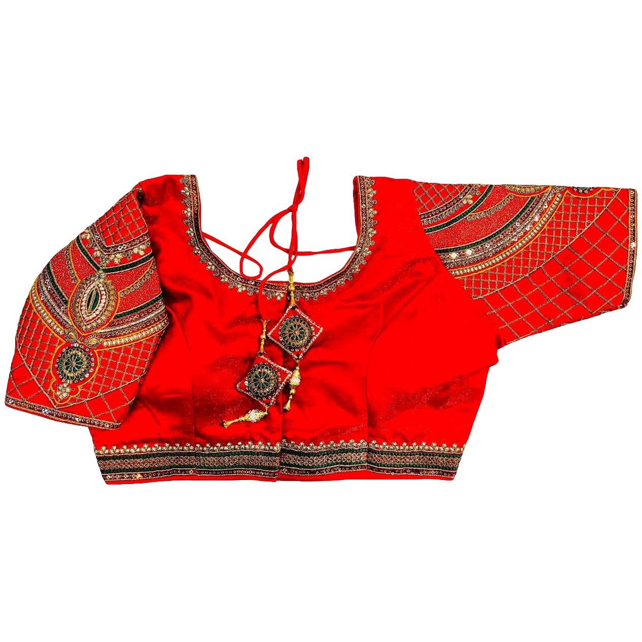 Pujia Mills Women's Milan Silk Copper Zari Codding Embroidery With Sequins Work Saree Blouse(Vardha Red)