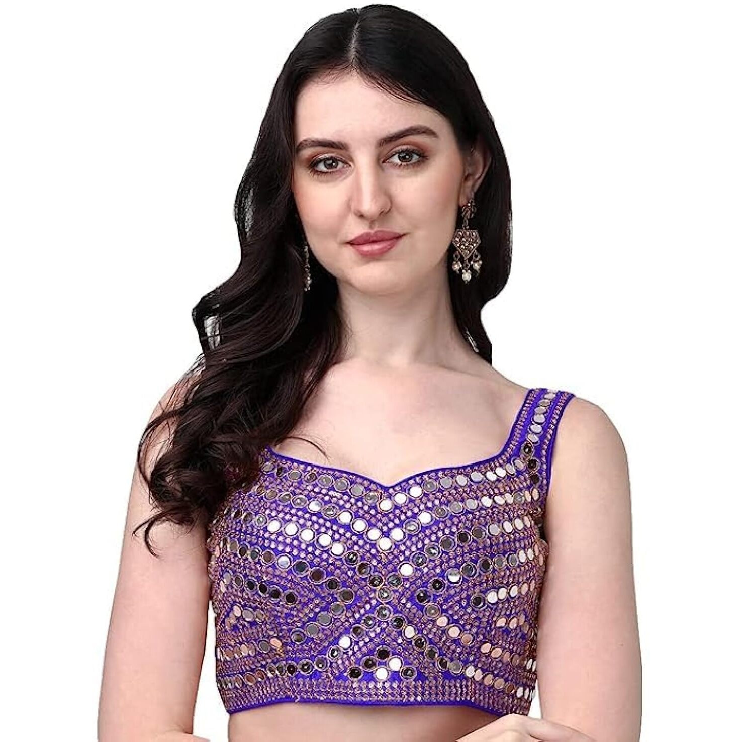 Pujia Mills Women's Multicolor Heavy Phantom Silk Thread Zari And Sequence Work And Real Mirror Hand Work Readymade Saree Blouse (Sleeves Attached Inside) (Kanchi Blouse_Royal Blue_38 Size+ Margin)
